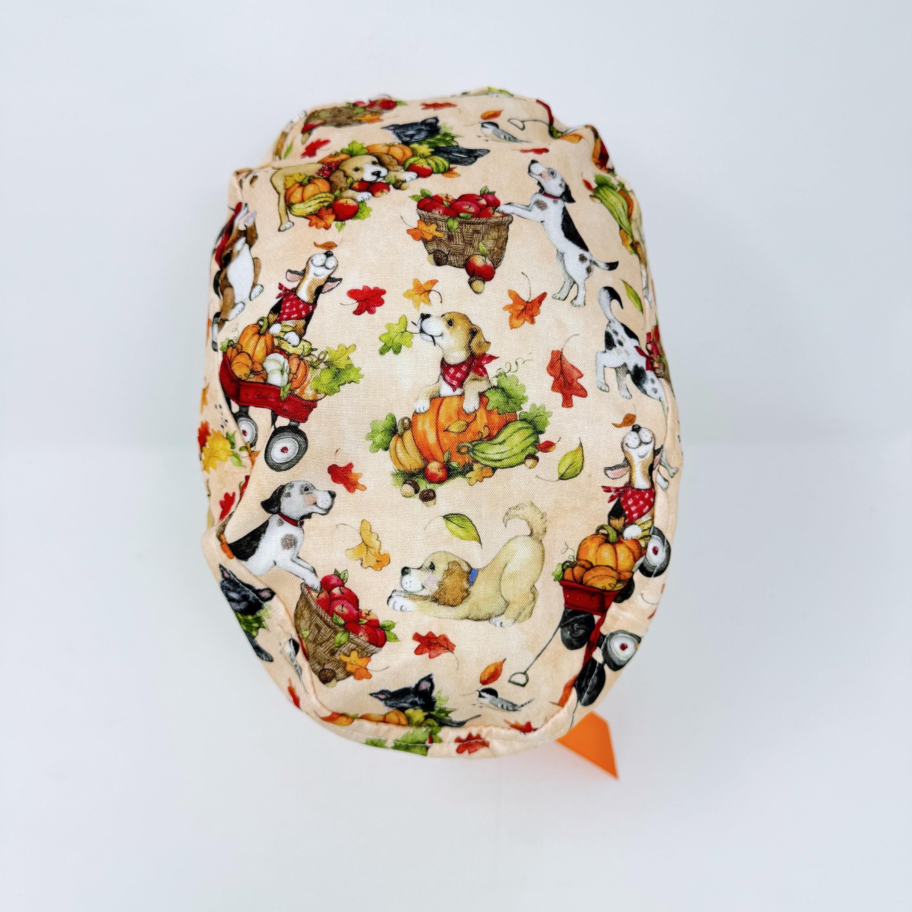 Pumpkin Euro scrub cap with ties for Women, Dog European Surgical cap with Satin Lined Option by Paradise Caps. Thanksgiving Euro PLUS style