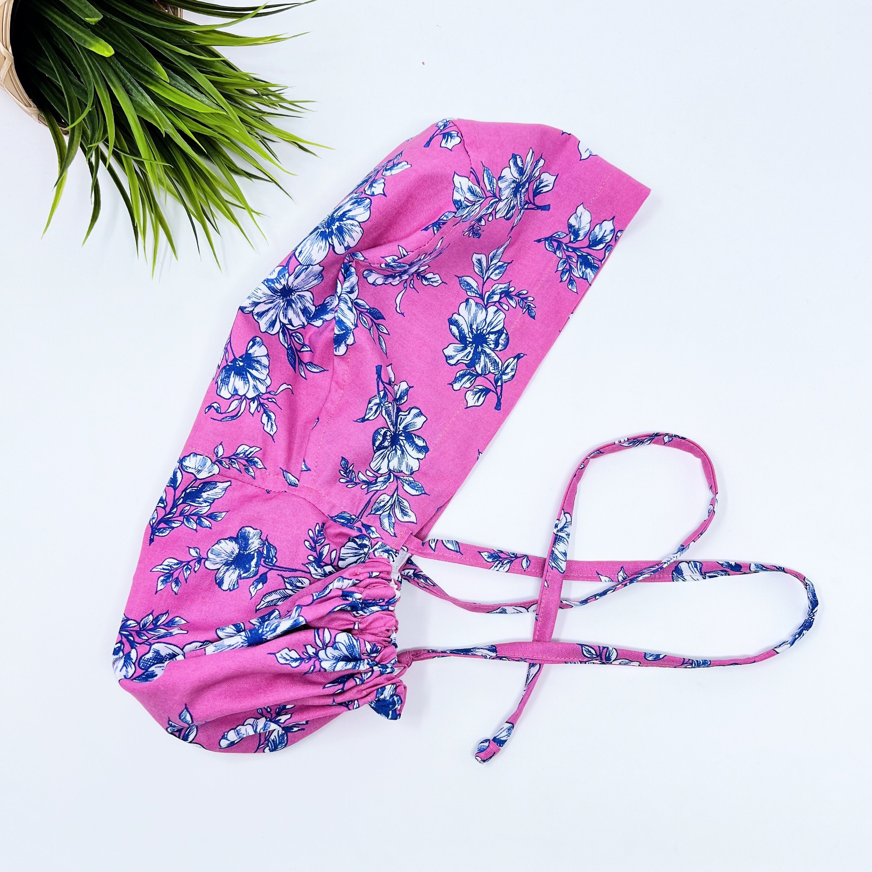 Blue Flowers Ponytail scrub cap women. Surgical cap ponytail with Satin Lined option by Paradise Caps.