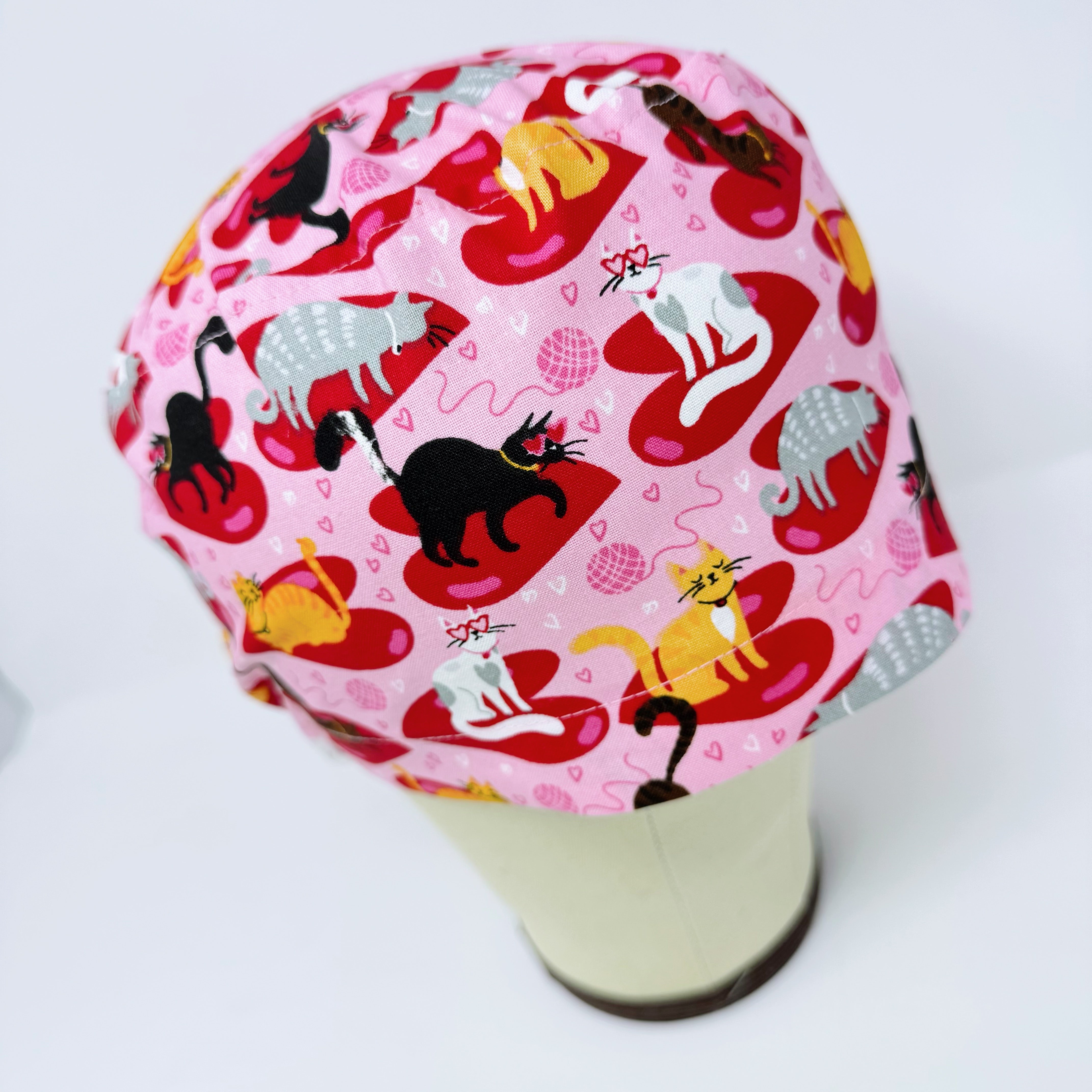 Valentine's day scrub Cap for men. Cat surgical hat. Men's skull tie-back style by Paradise Caps.