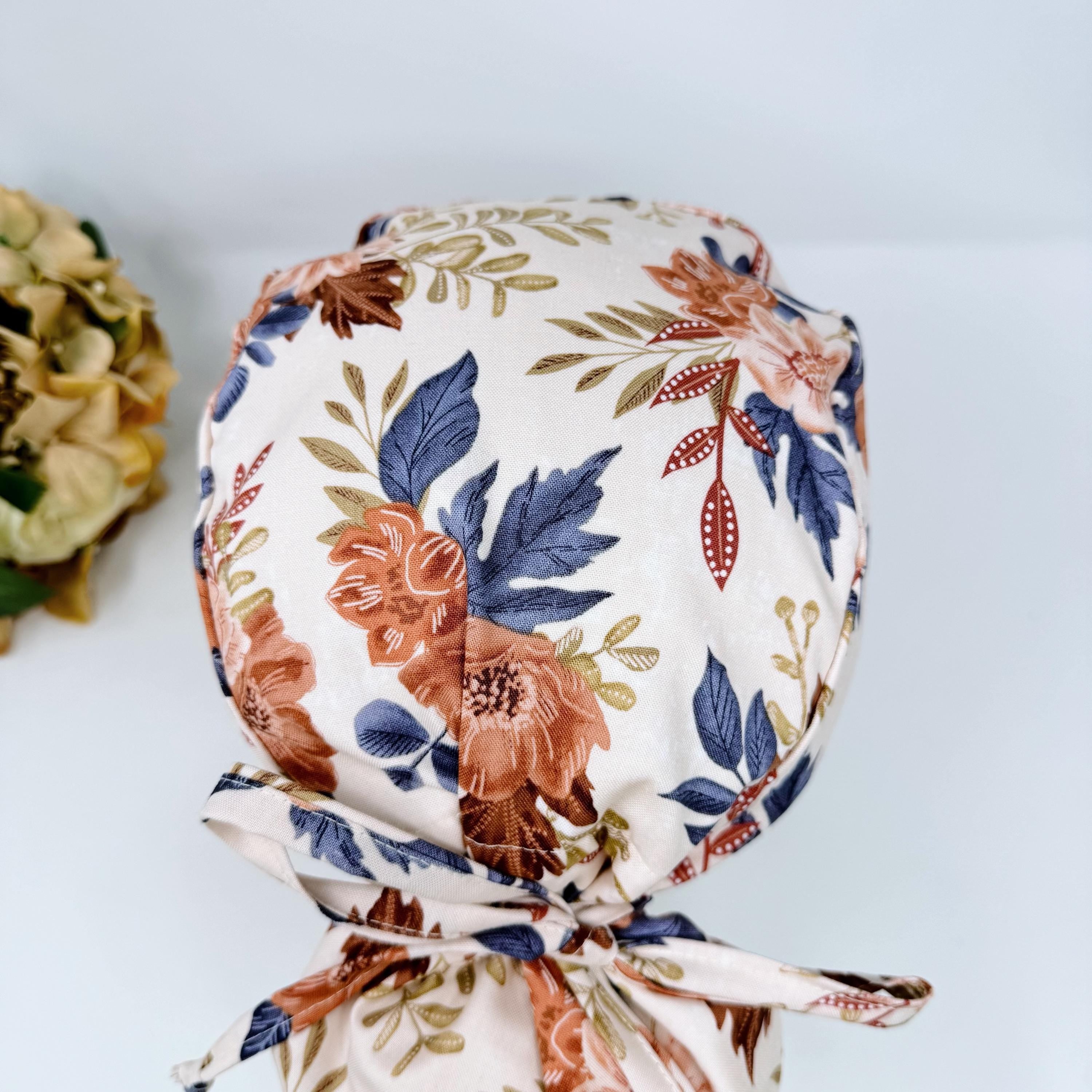 Floral Ponytail scrub cap for women. Thanksgiving Surgical hat. Fall Surgical cap with Satin Lined Option by Paradise Caps.