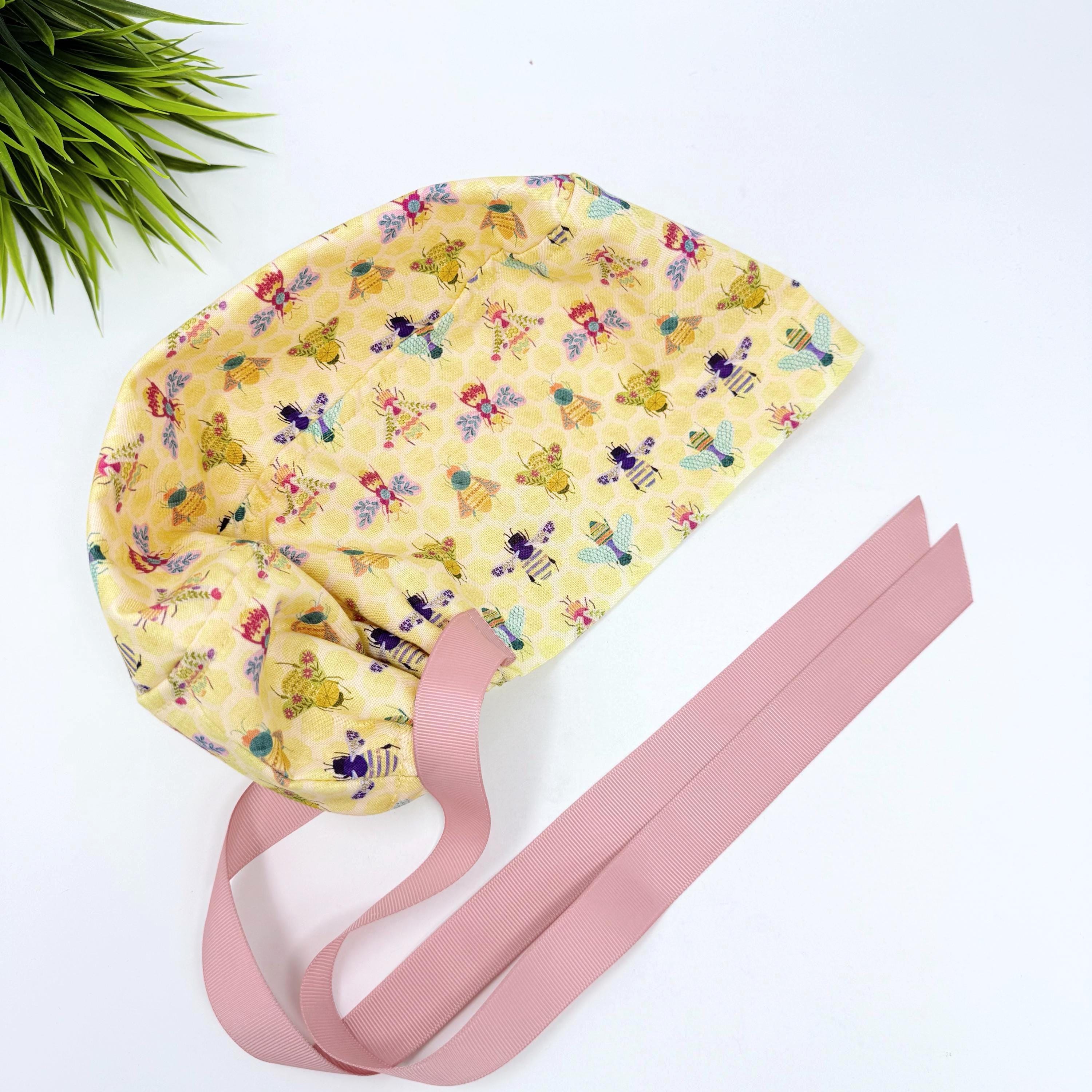 Bee Euro scrub cap with ties for Women, Yellow European Surgical cap with Satin Lined Option by Paradise Caps. Euro PLUS style.