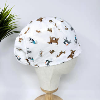 Euro scrub cap for women. Funny dogs surgical hat with satin lined option by Paradise Caps.