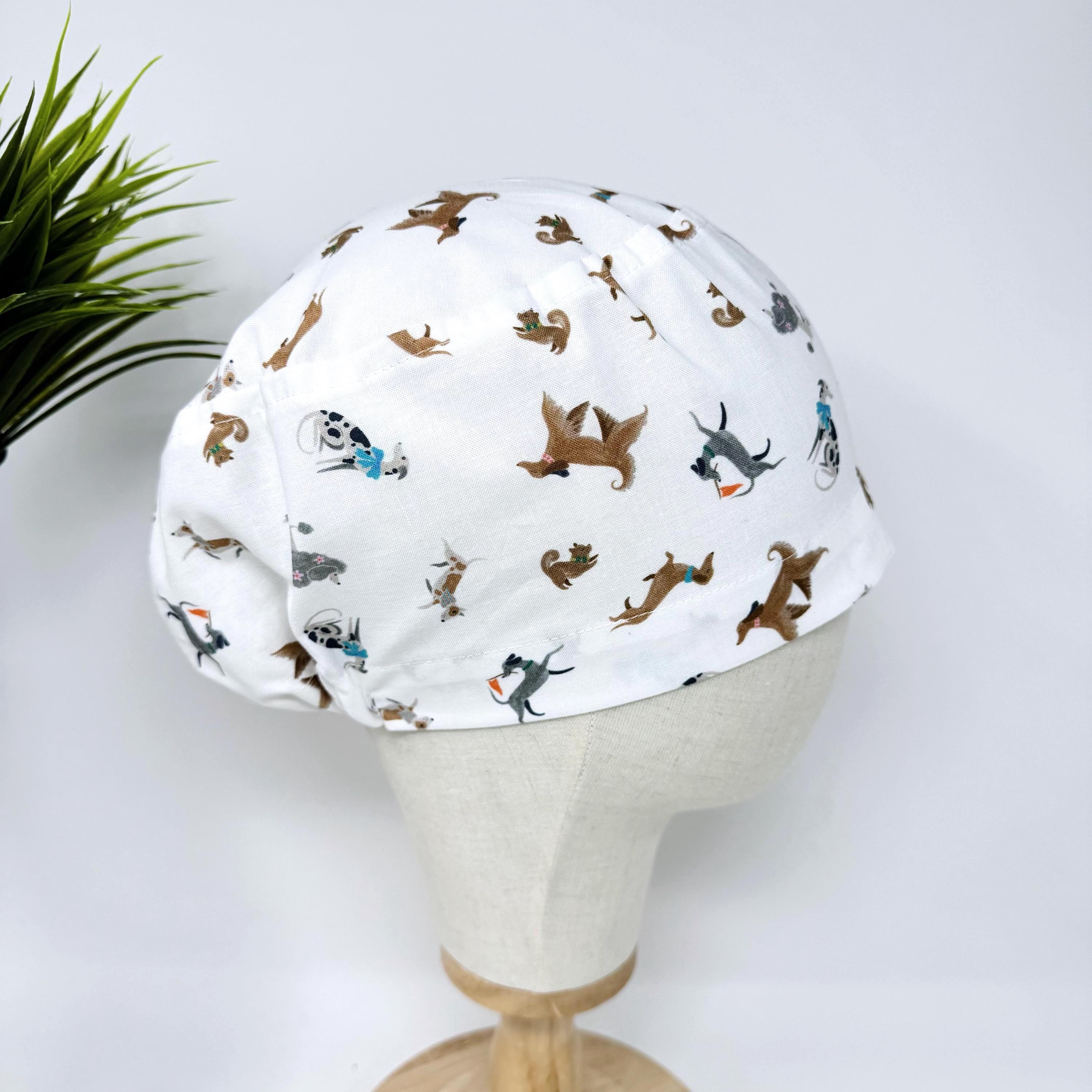 Euro scrub cap for women. Funny dogs surgical hat with satin lined option by Paradise Caps.