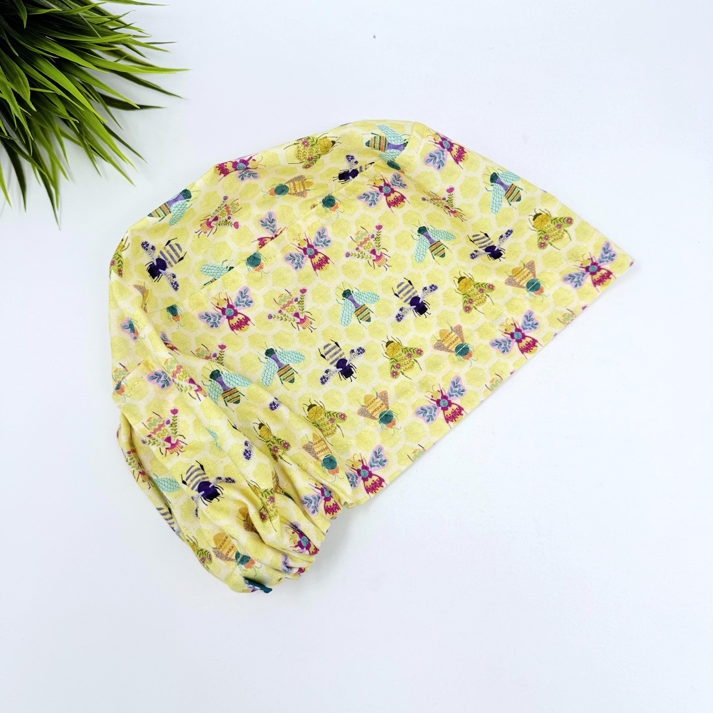 Bee Euro scrub cap for women, Yellow European surgical cap satin lined by Paradise Caps.