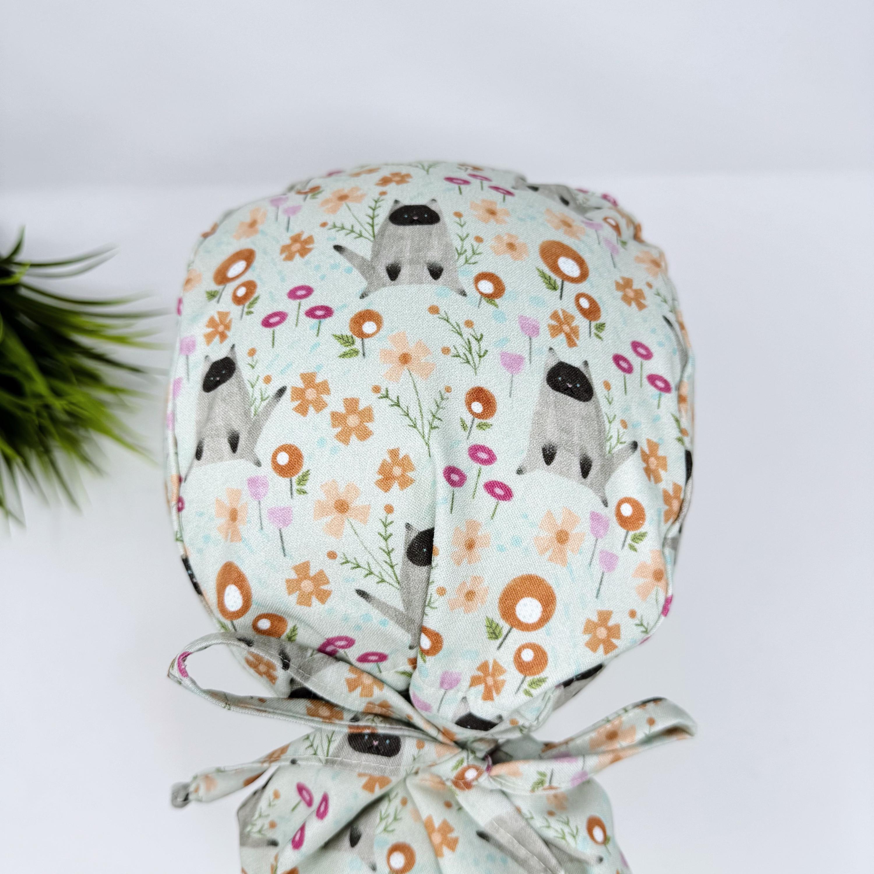 Cat Ponytail scrub cap by ParadiseCaps. Surgical cap for women with satin lined option. Funny scrub hat for women.