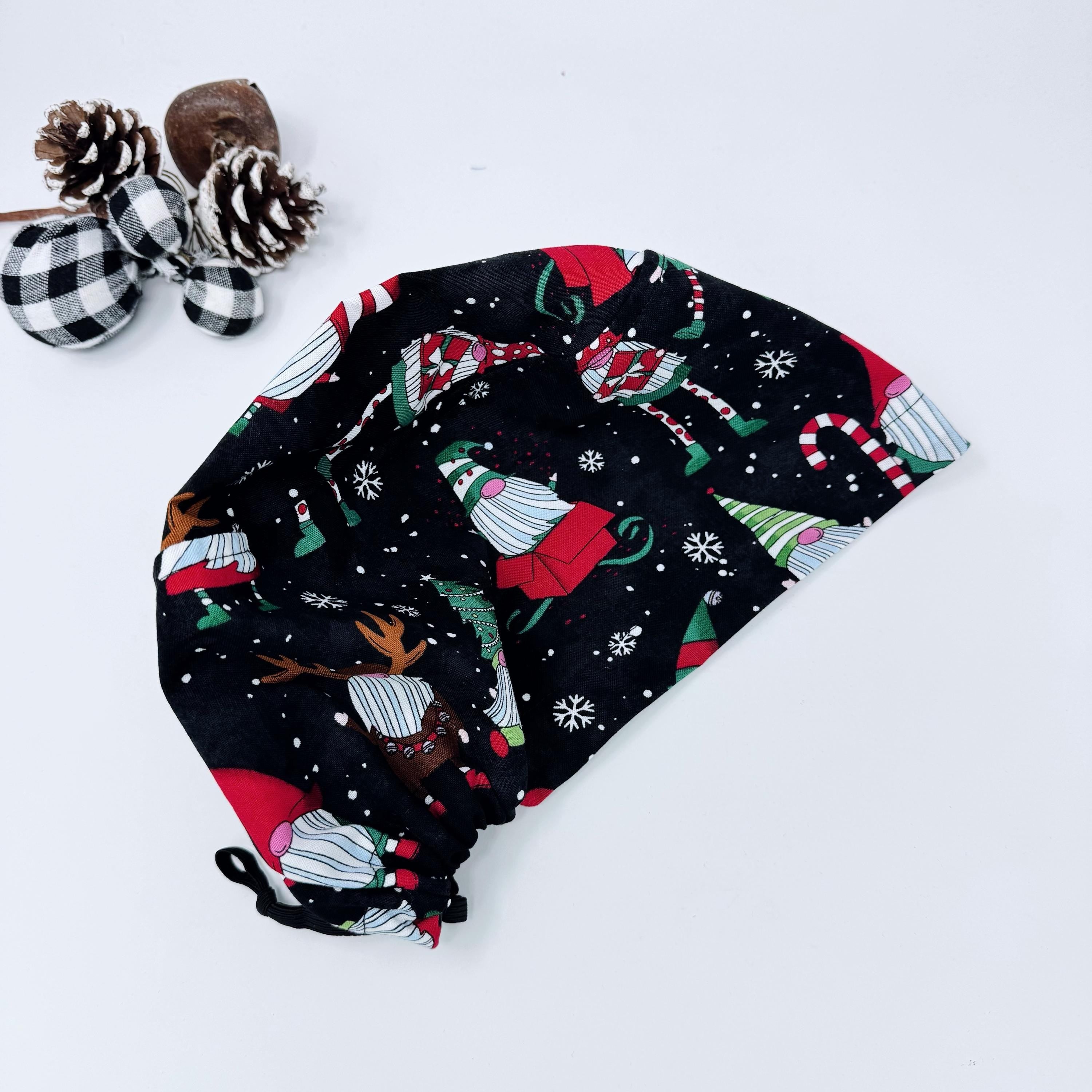 Christmas Euro Scrub Cap for Women, Gnomes Surgical cap with satin lined by Paradise Caps.