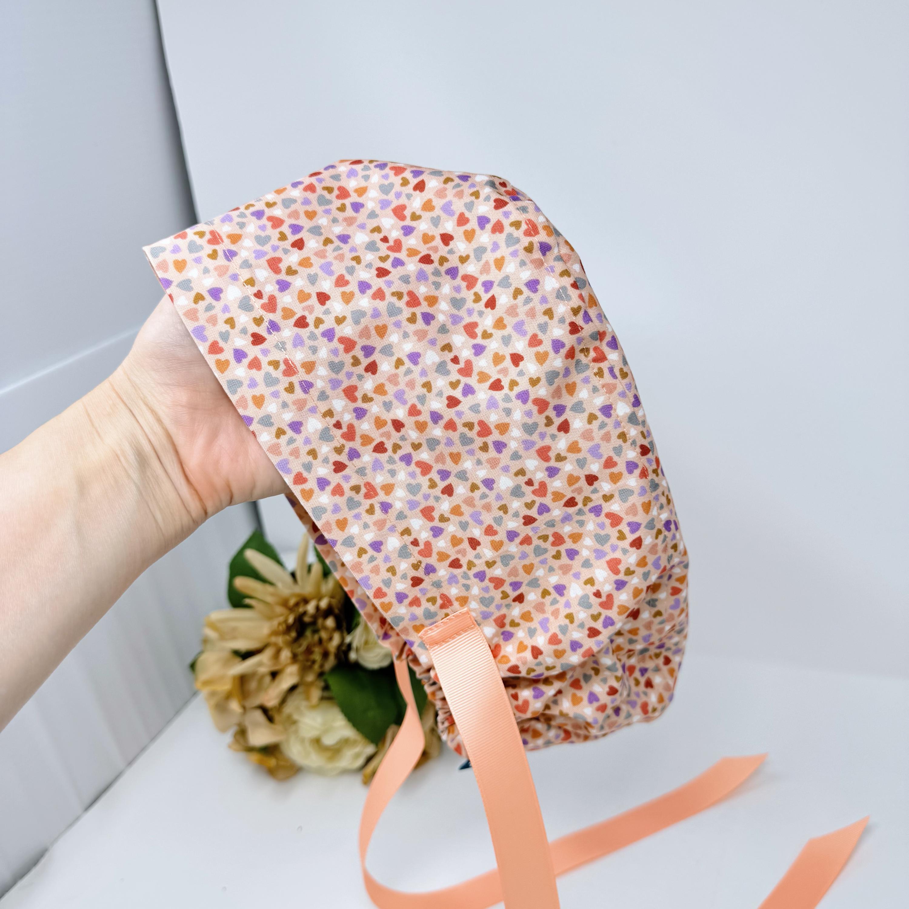 Colorful Hearts Euro scrub cap with ties for Women, Pink European Surgical cap with Satin Lined by Paradise Caps.