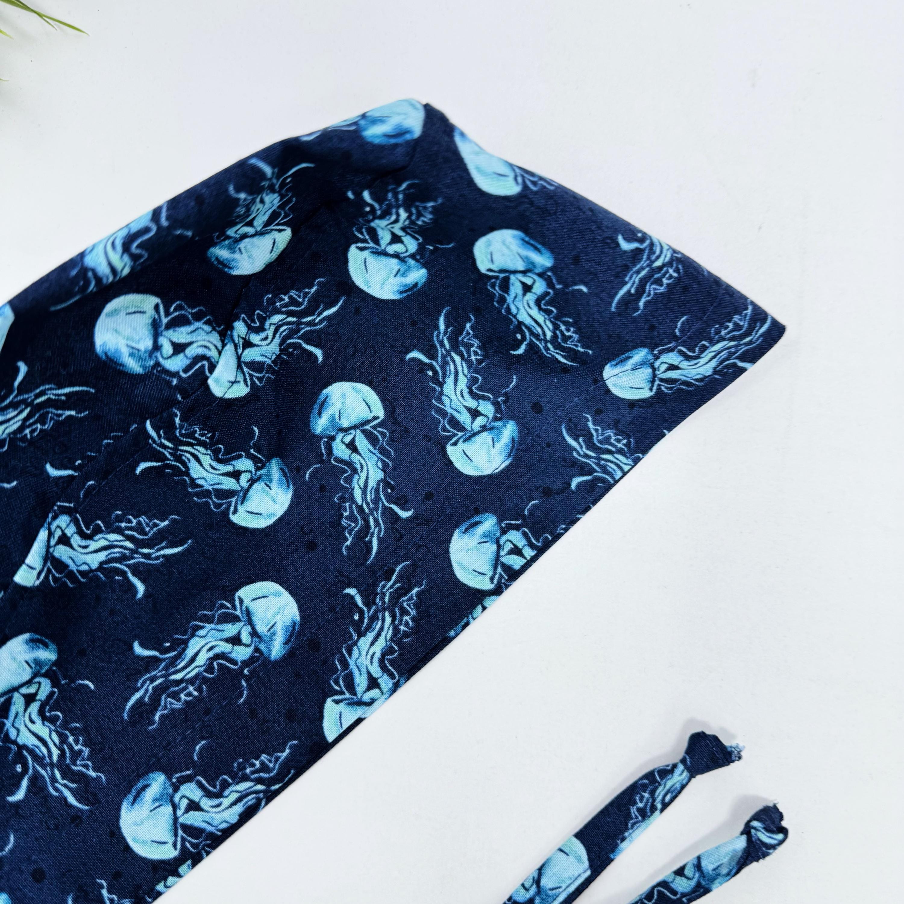 Jellyfish Surgical scrub cap for men. Navy Blue Ocean Print tie back scrub hat by Paradise Caps.