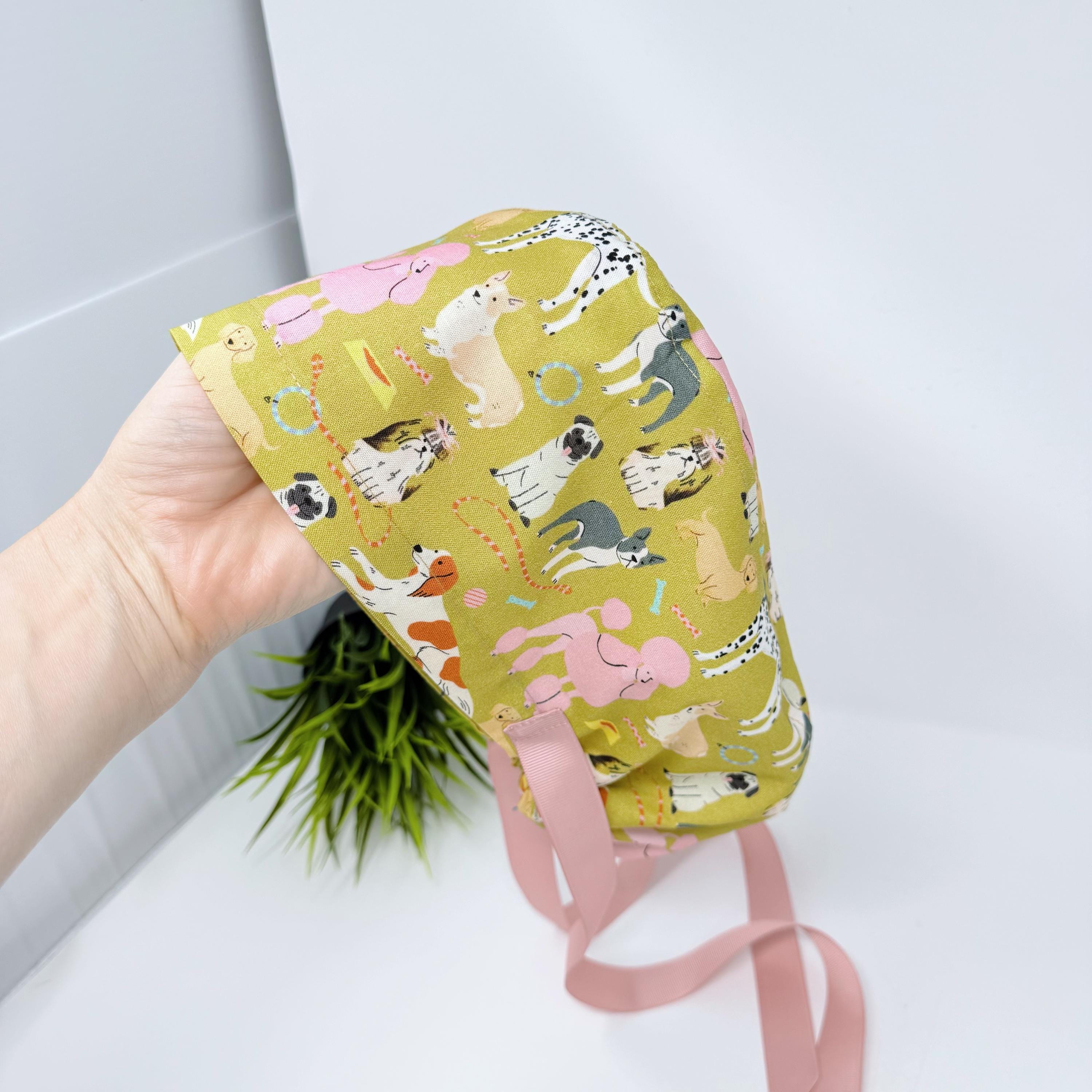 Dog Euro scrub cap with ties for Women, Funny European Surgical cap with Satin Lined Option by Paradise Caps. Euro PLUS style.