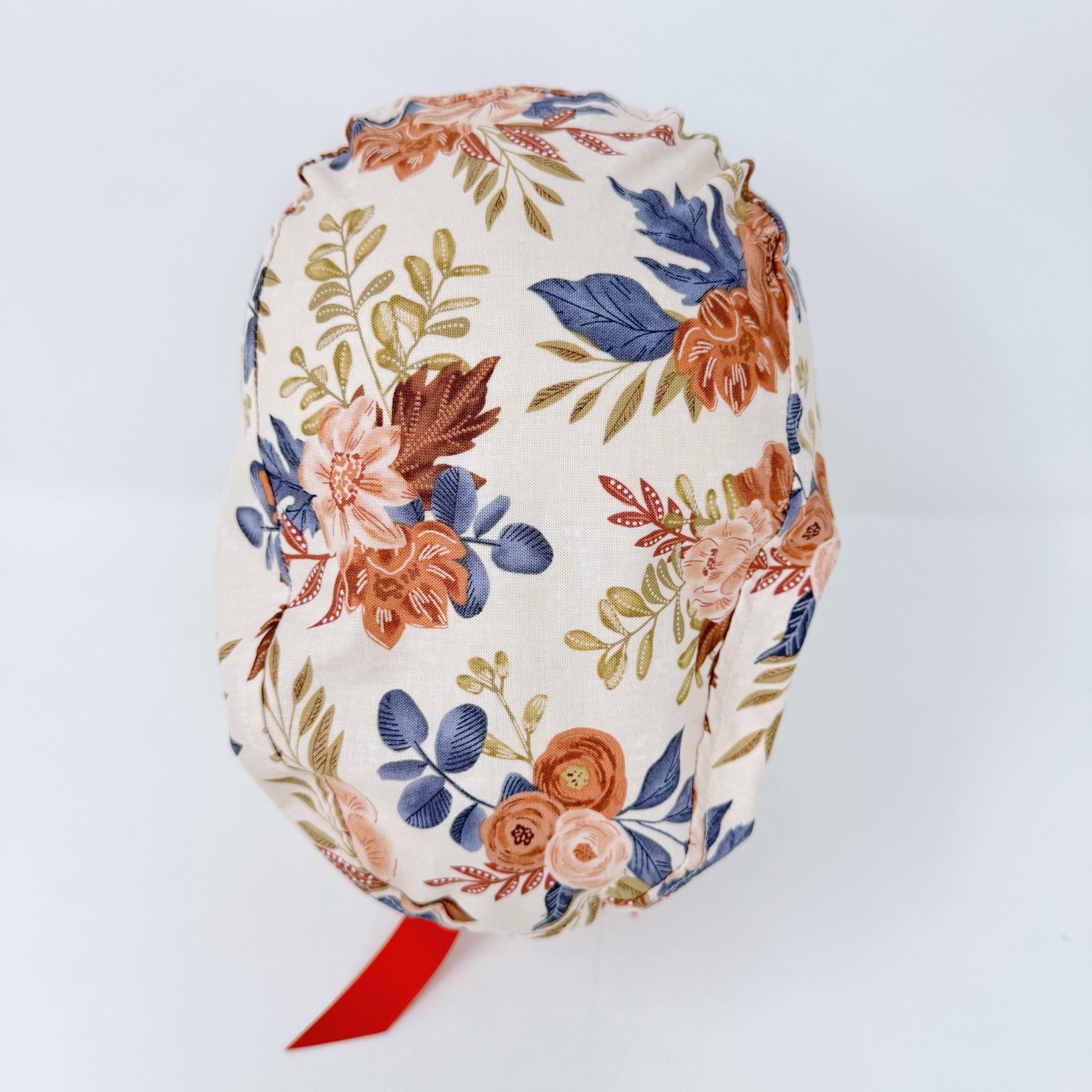 Floral Euro scrub cap with ties for Women. Fall European Surgical cap with Satin Lined Option by Paradise Caps. Euro PLUS style.