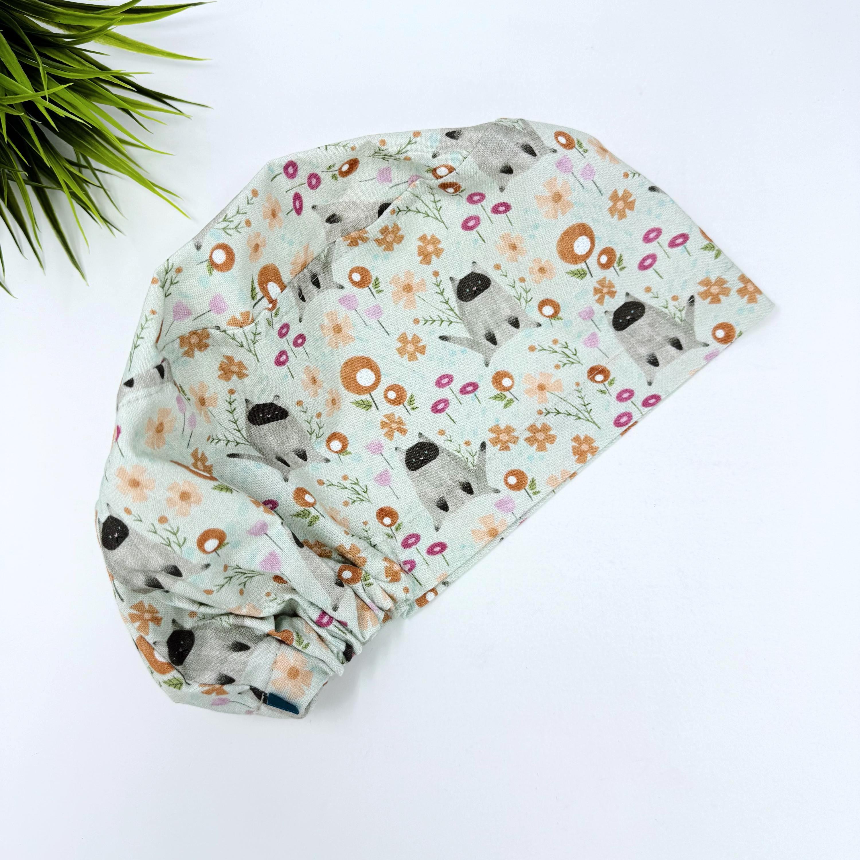 Cat Euro scrub cap for women, Summer surgical cap with satin lined by Paradise Caps.