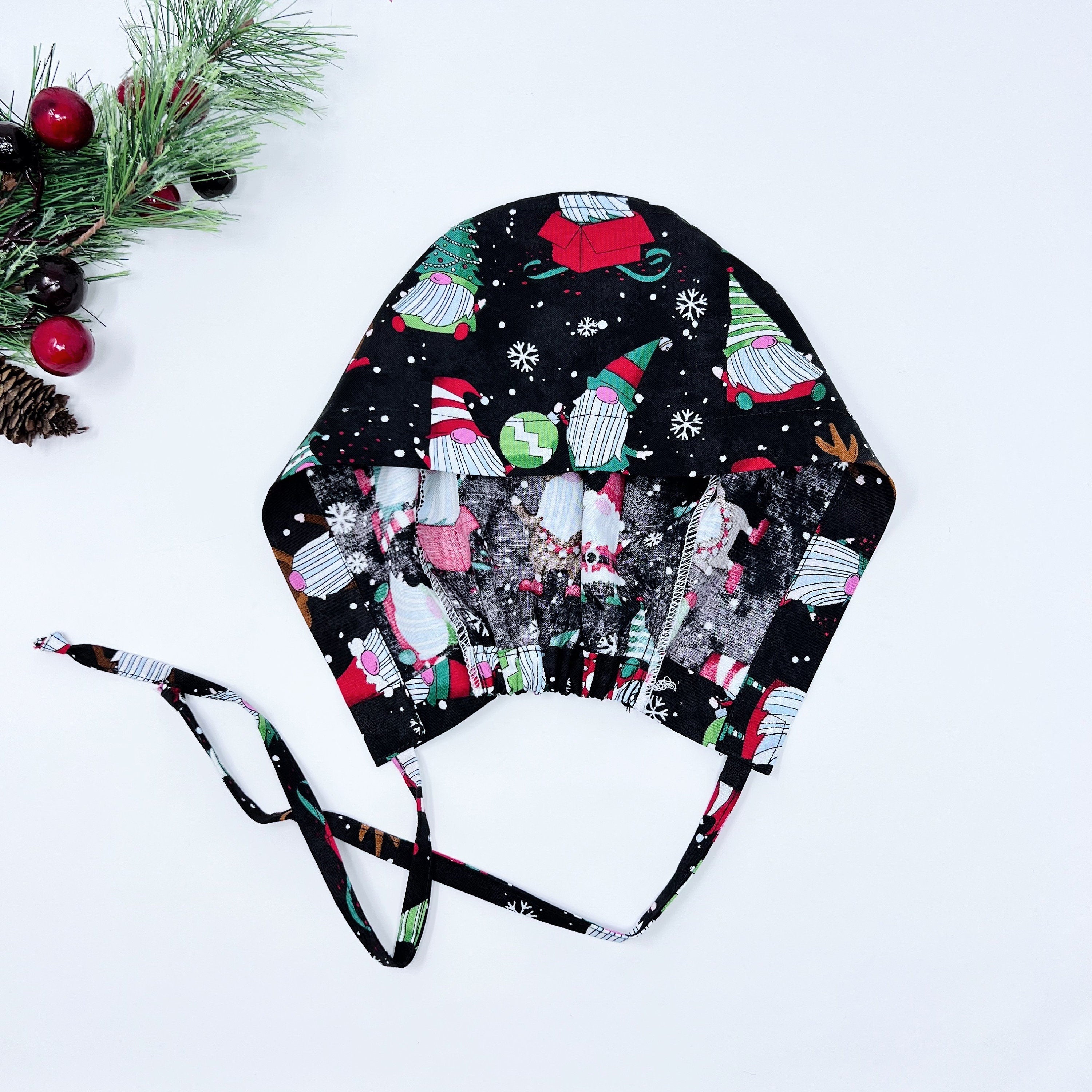 Christmas Men's Scrub Cap. Gnome satin lined skull tie-back style surgical cap by Paradise Caps.
