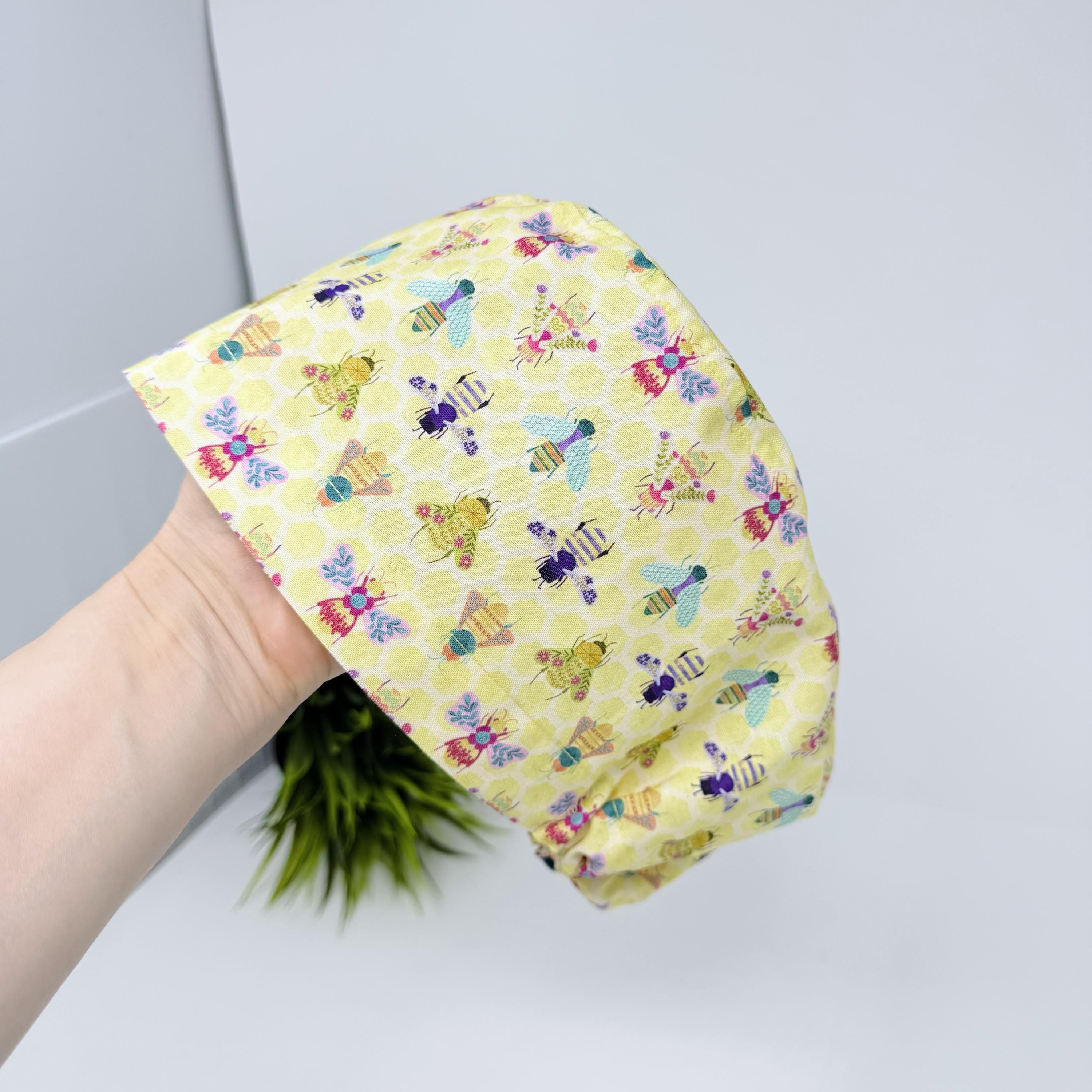 Bee Euro scrub cap for women, Yellow European surgical cap satin lined by Paradise Caps.