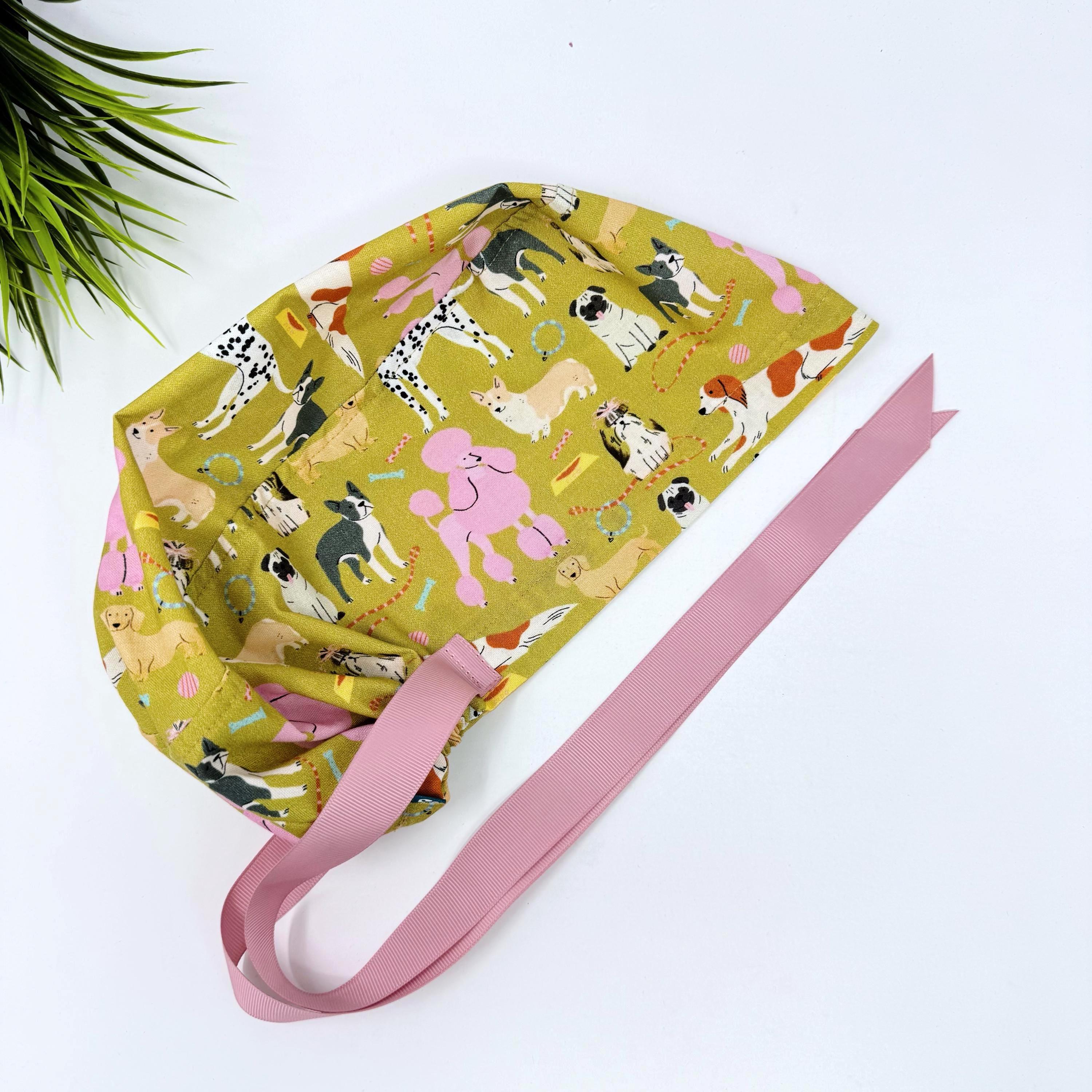 Dog Euro scrub cap with ties for Women, Funny European Surgical cap with Satin Lined Option by Paradise Caps. Euro PLUS style.