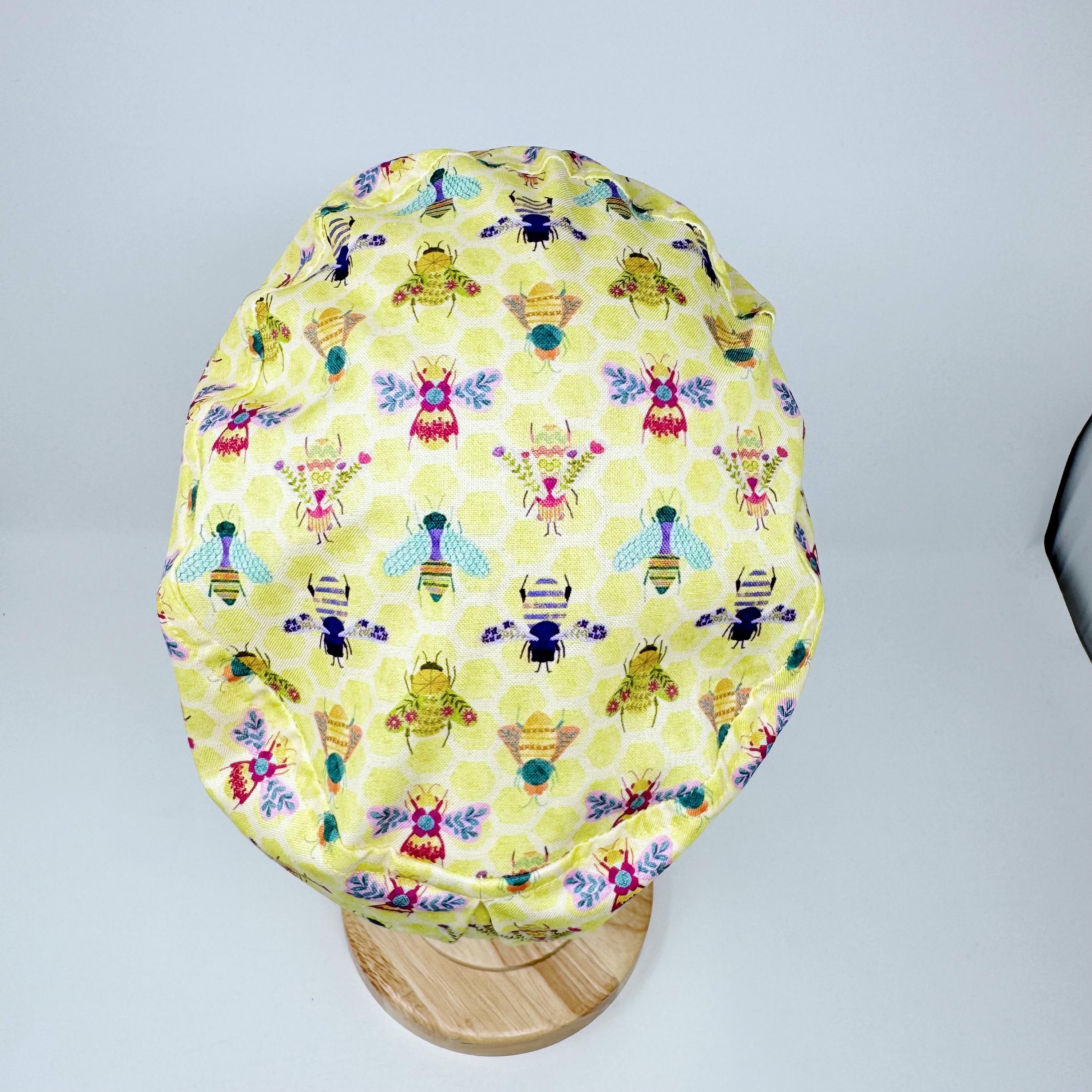 Bee Euro scrub cap for women, Yellow European surgical cap satin lined by Paradise Caps.