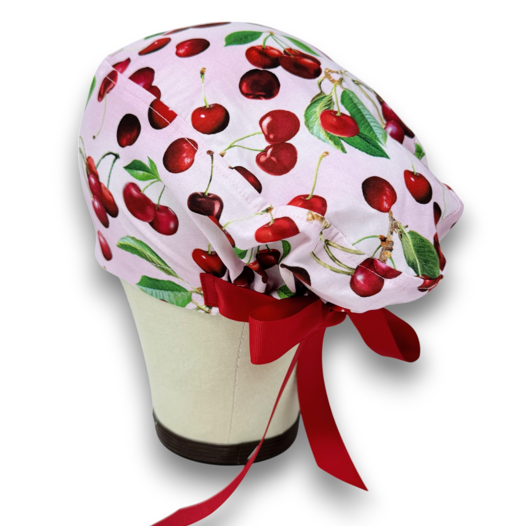 Cherry Euro scrub cap with ties for Women by Paradise Caps. Euro PLUS style.