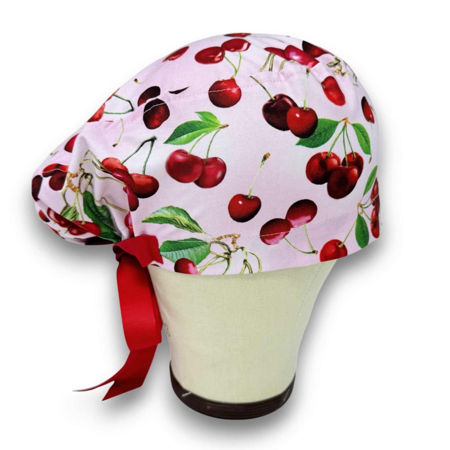 Cherry Euro scrub cap with ties for Women by Paradise Caps. Euro PLUS style.