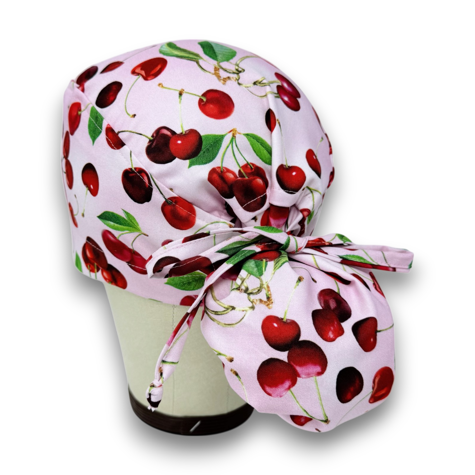 Cherry Ponytail scrub cap for women with satin lined option by Paradise Caps.