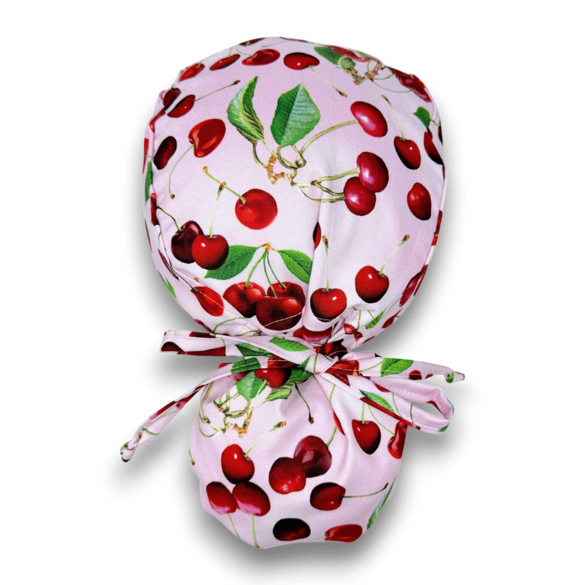Cherry Ponytail scrub cap for women with satin lined option by Paradise Caps.