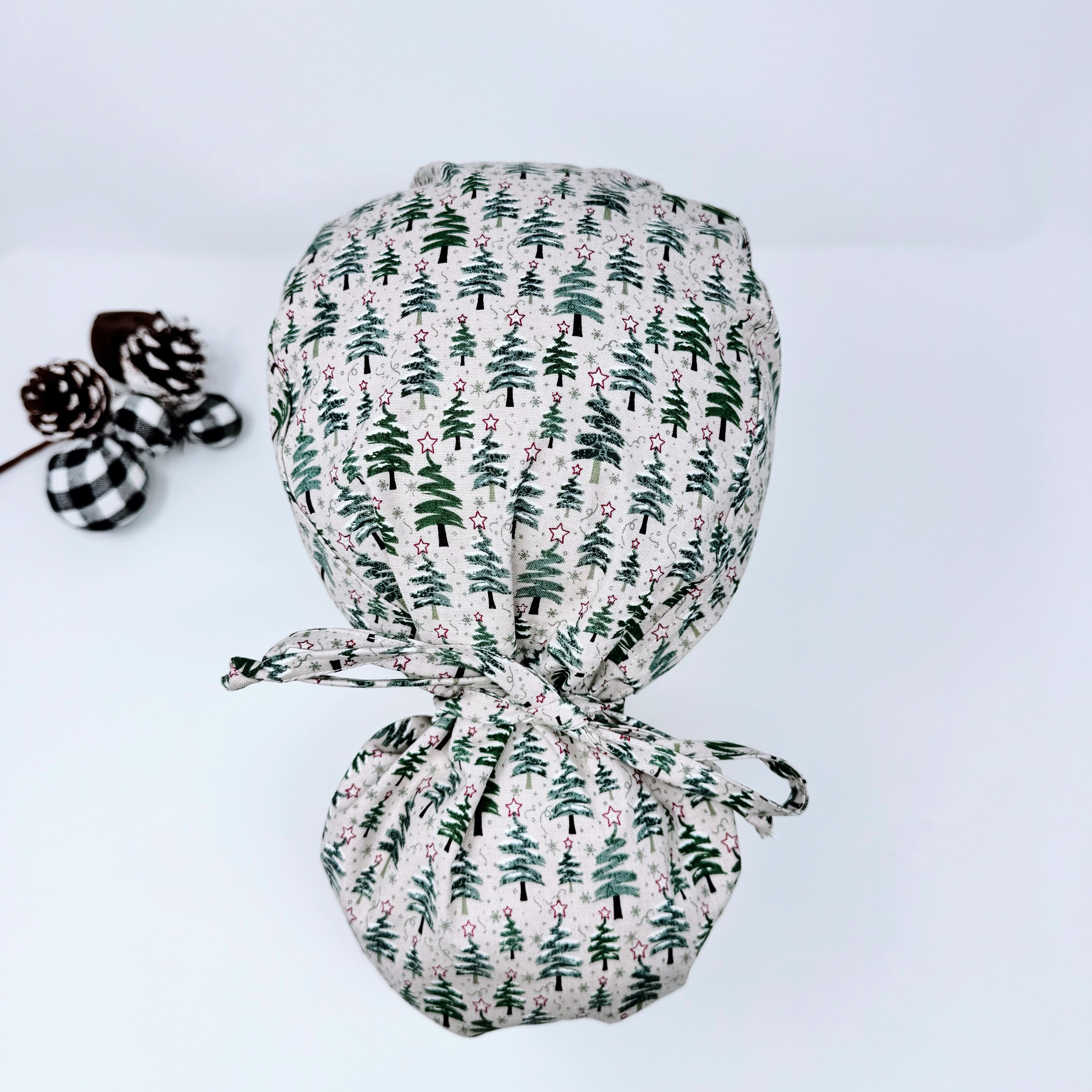 Christmas Ponytail scrub cap for women with satin lined option by Paradise Caps.