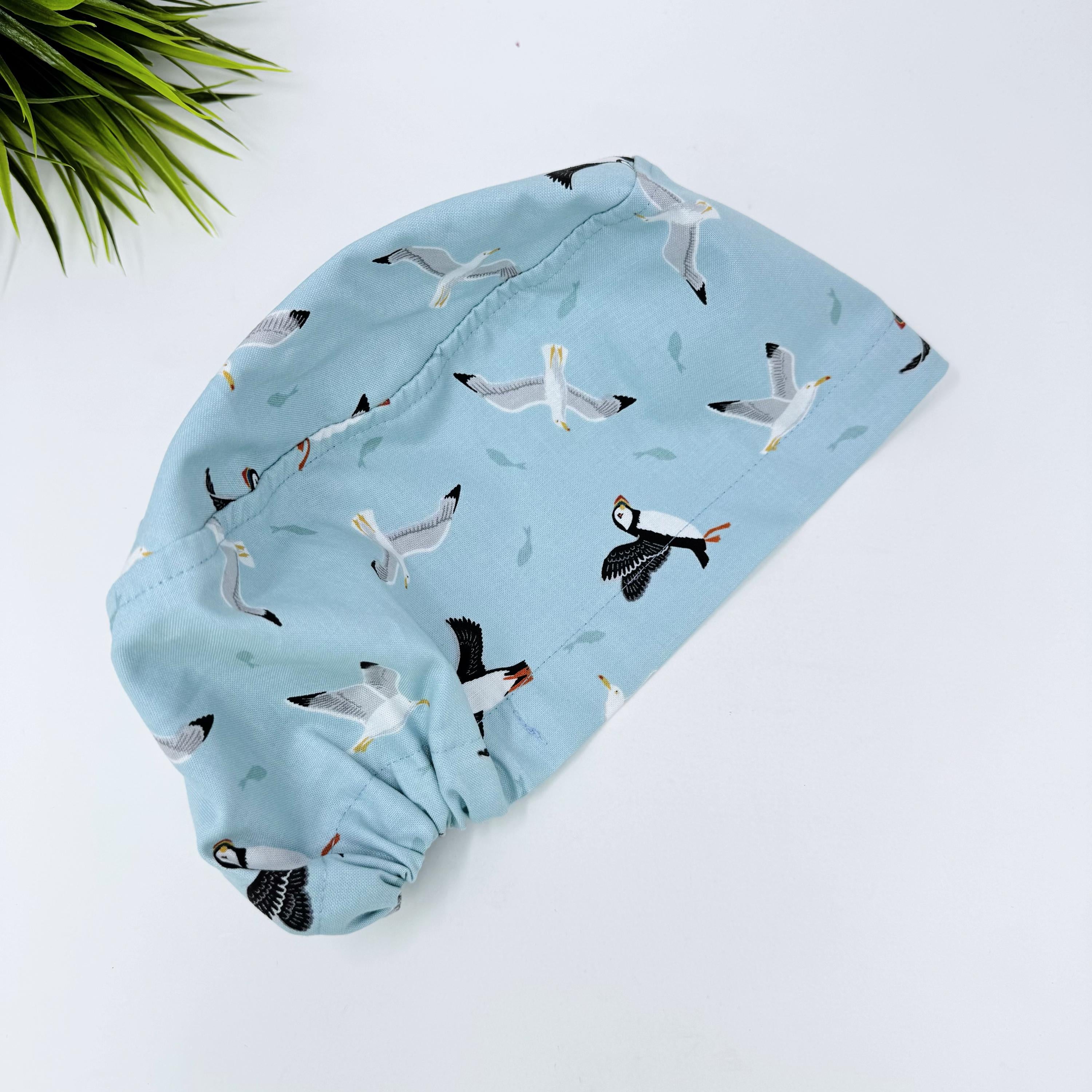 Puffin Euro scrub cap for women, Sea gull surgical cap with satin lined by Paradise Caps.