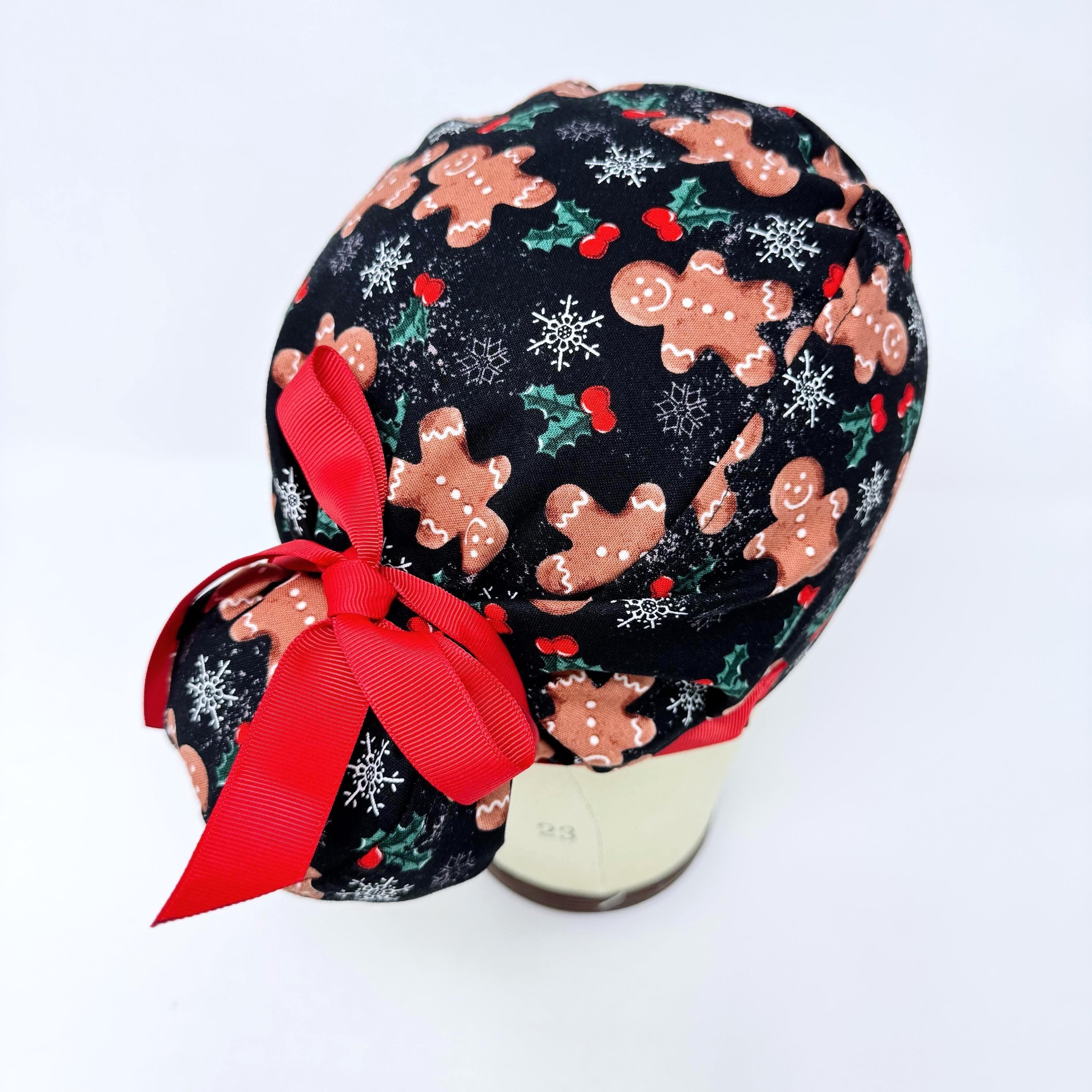 Gingerbread Euro scrub cap with ties. Christmas Scrub Cap for Women with Satin Lined Option by Paradise Caps.