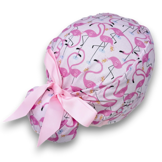 Flamingo Euro scrub cap with ties for Women by Paradise Caps. Euro PLUS style.
