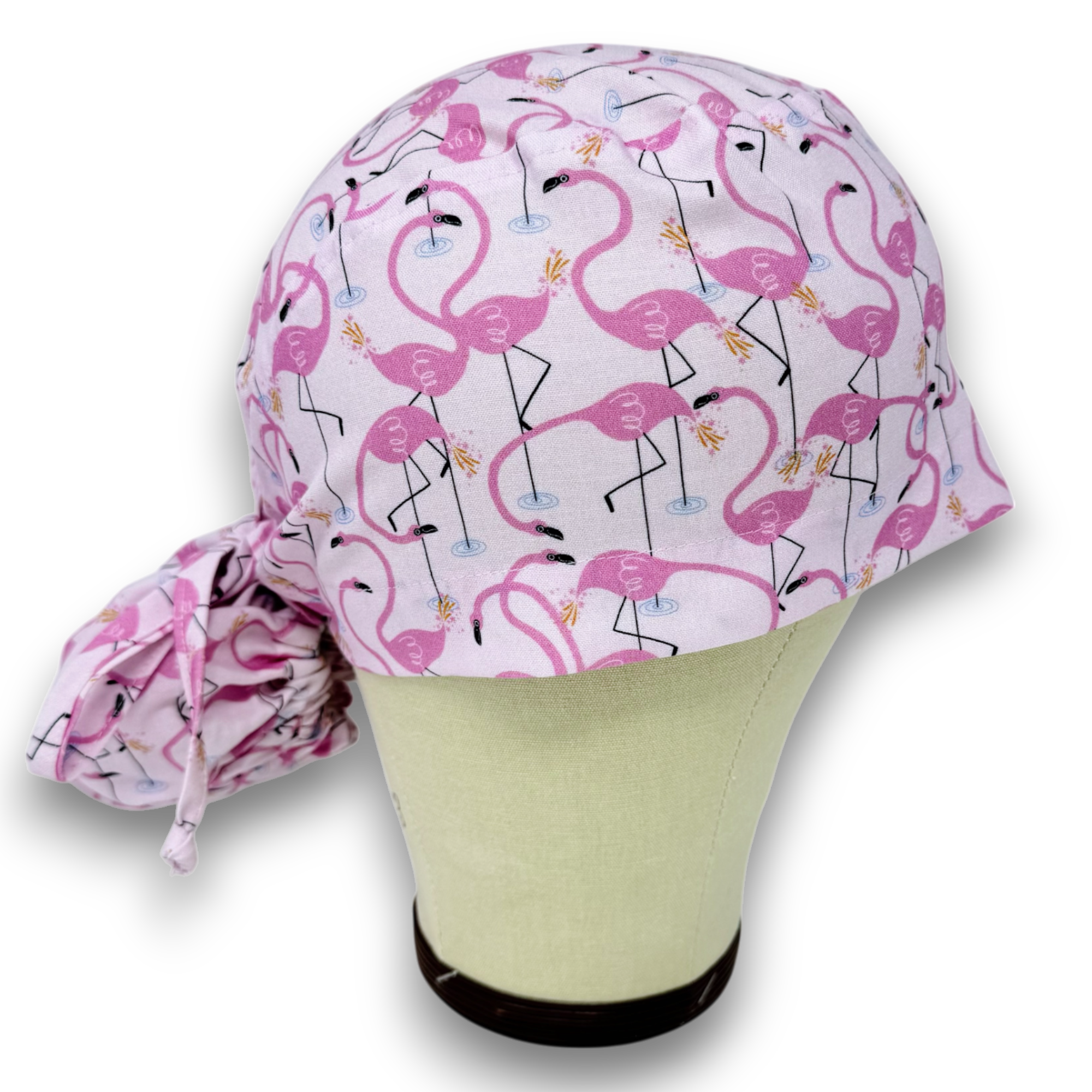 Flamingo Ponytail scrub cap for women with satin lined option by Paradise Caps.