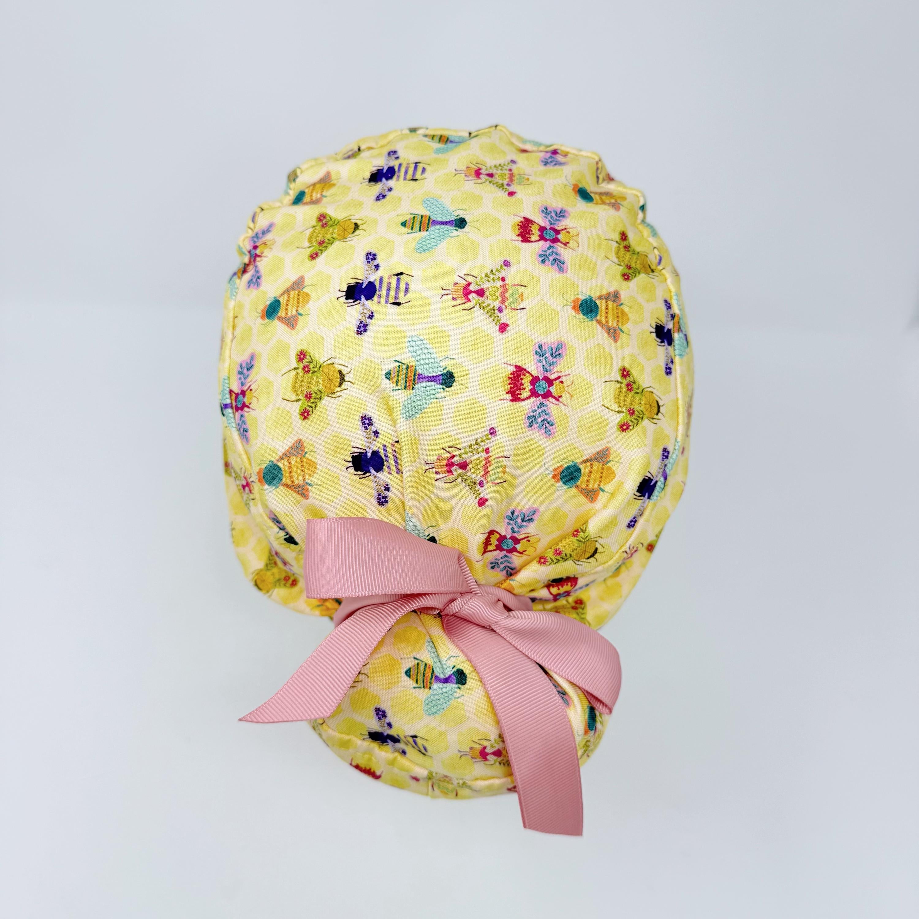 Bee Euro scrub cap with ties for Women, Yellow European Surgical cap with Satin Lined Option by Paradise Caps. Euro PLUS style.