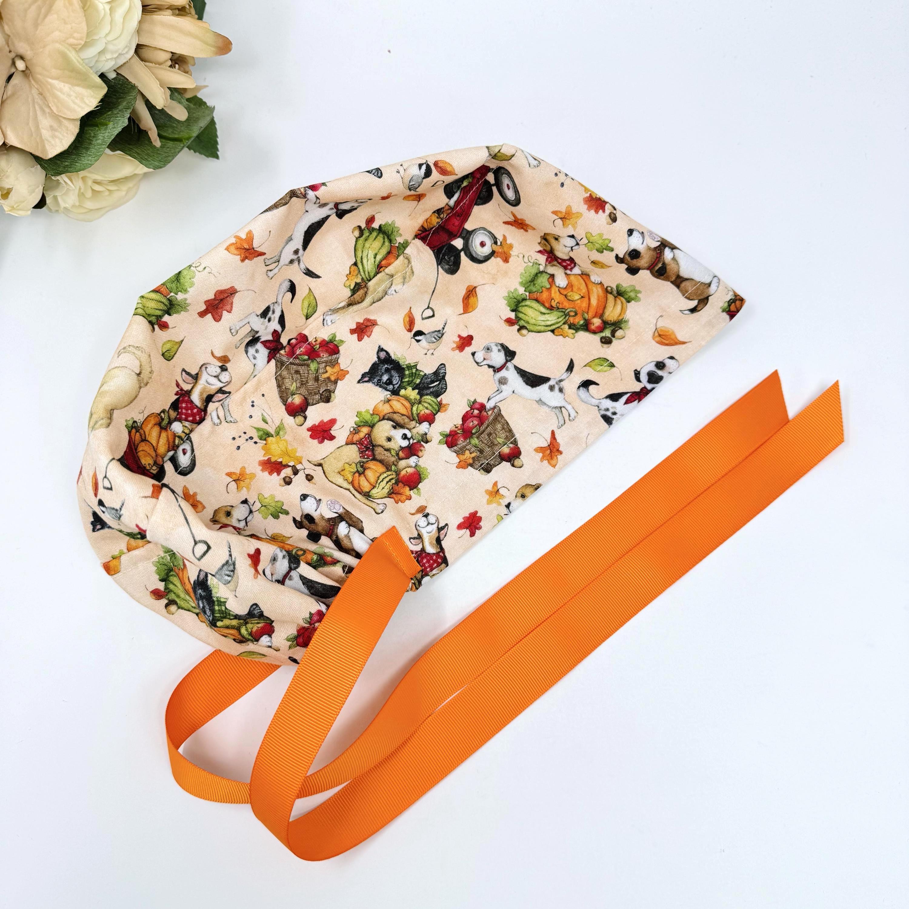 Pumpkin Euro scrub cap with ties for Women, Dog European Surgical cap with Satin Lined Option by Paradise Caps. Thanksgiving Euro PLUS style