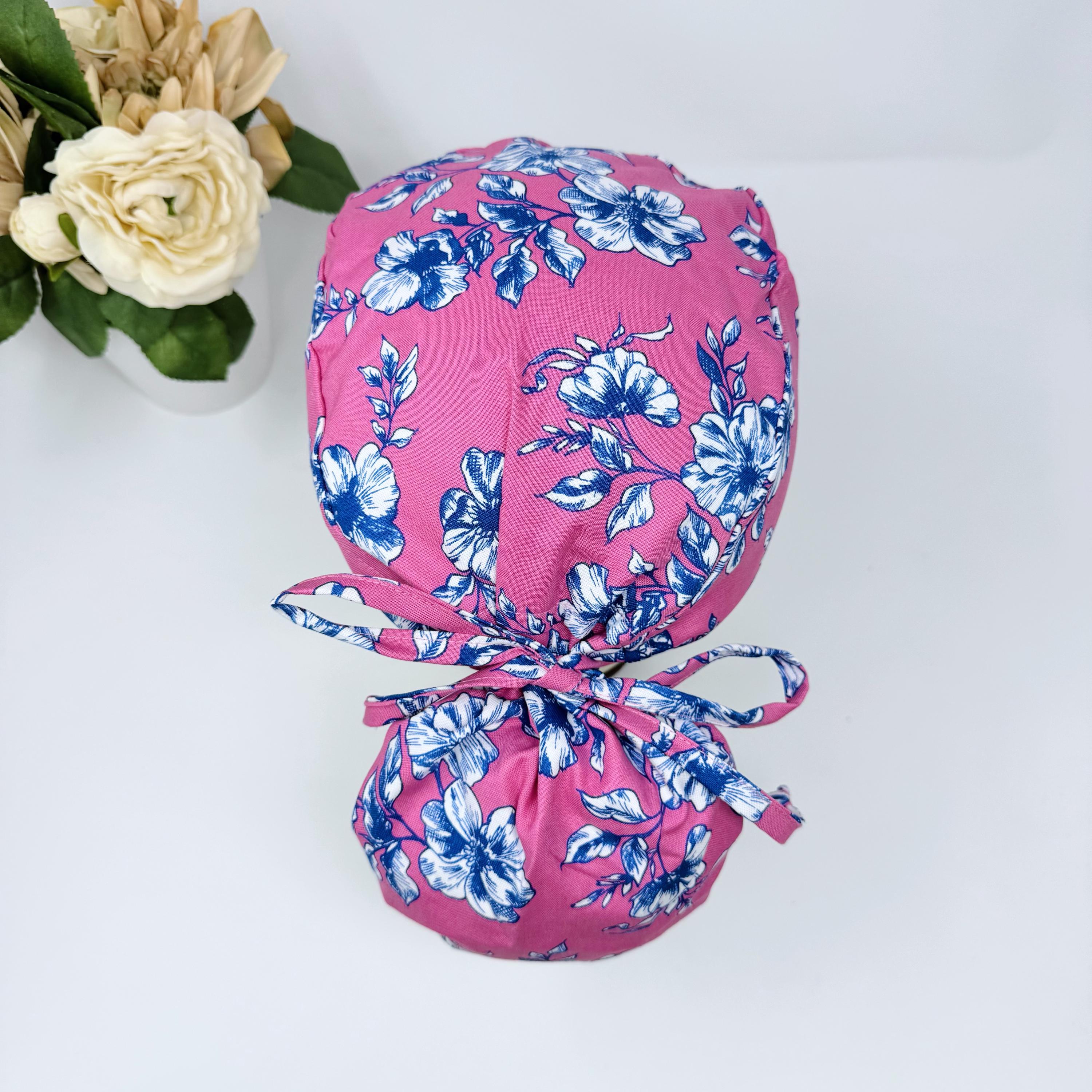 Blue Flowers Ponytail scrub cap women. Surgical cap ponytail with Satin Lined option by Paradise Caps.