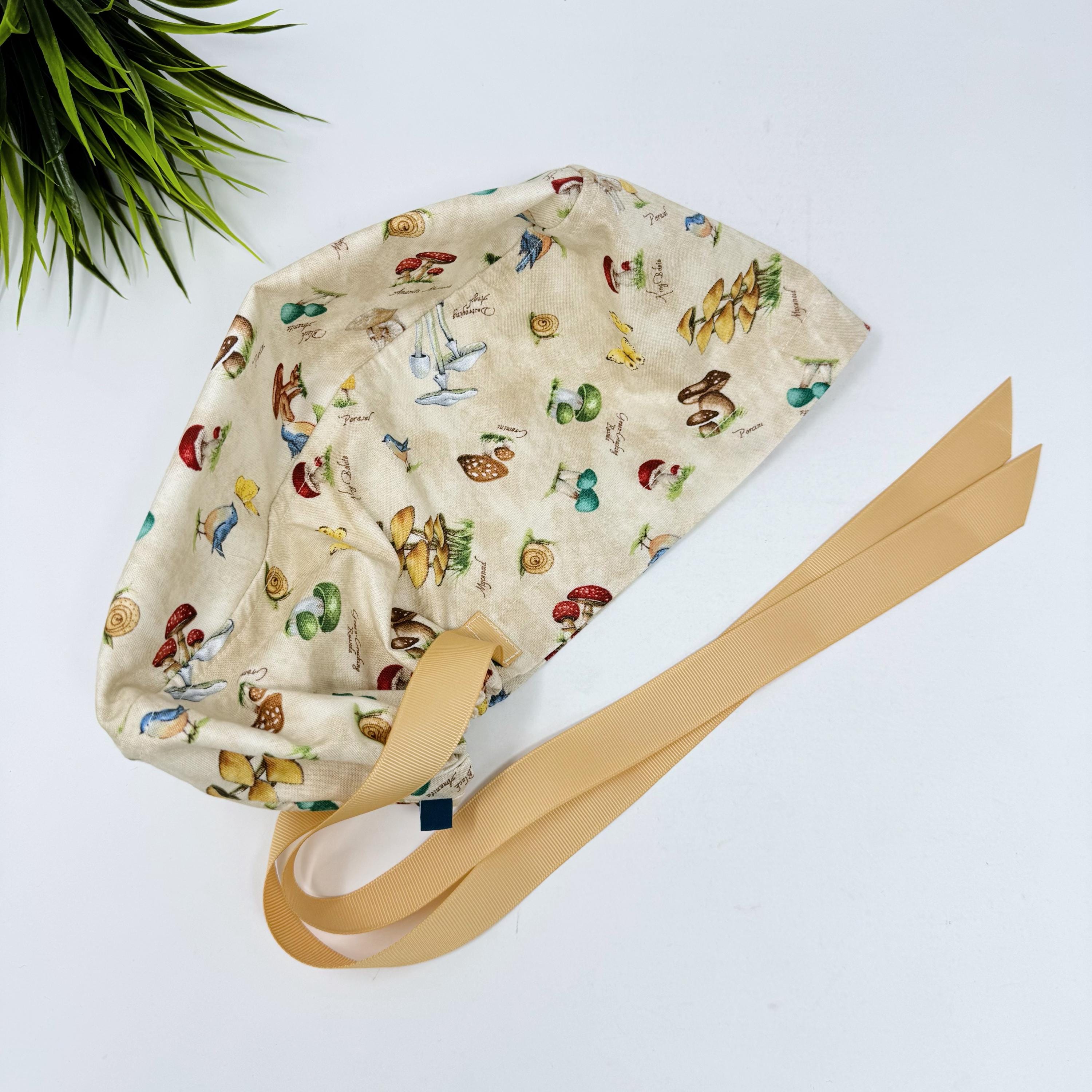 Mushroom Euro Scrub Cap for Women. Euro Scrub Cap style with ties by ParadiseCaps. Fall European Surgical cap with Satin Lined Option.