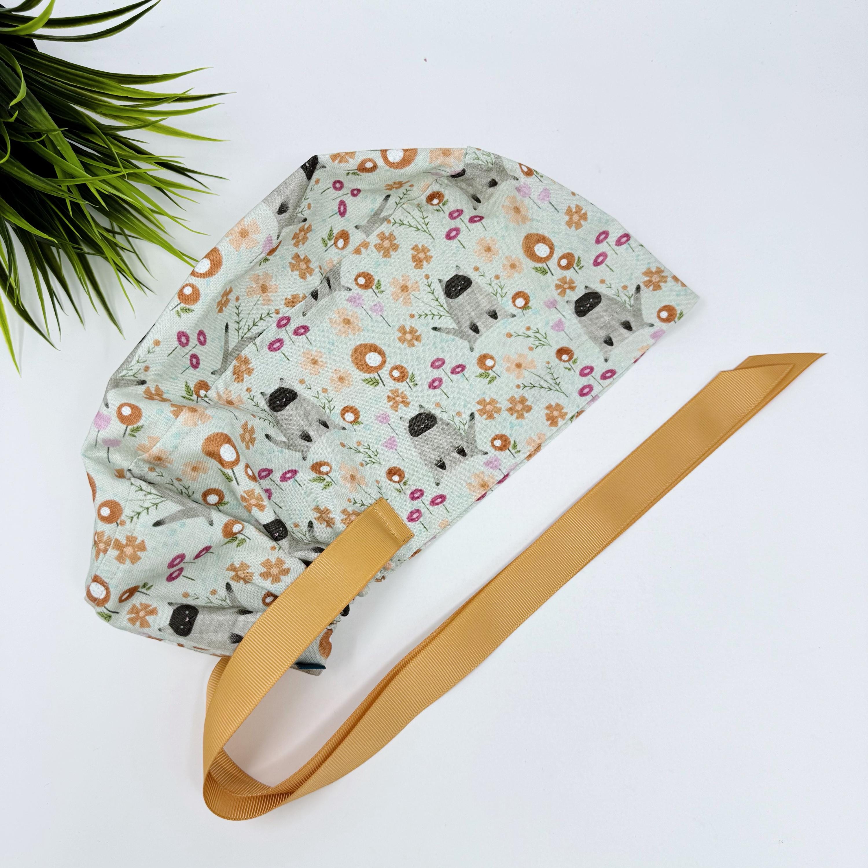 Cat Euro scrub cap with ties for Women, Summer European Surgical cap with Satin Lined Option by Paradise Caps. Euro PLUS style.