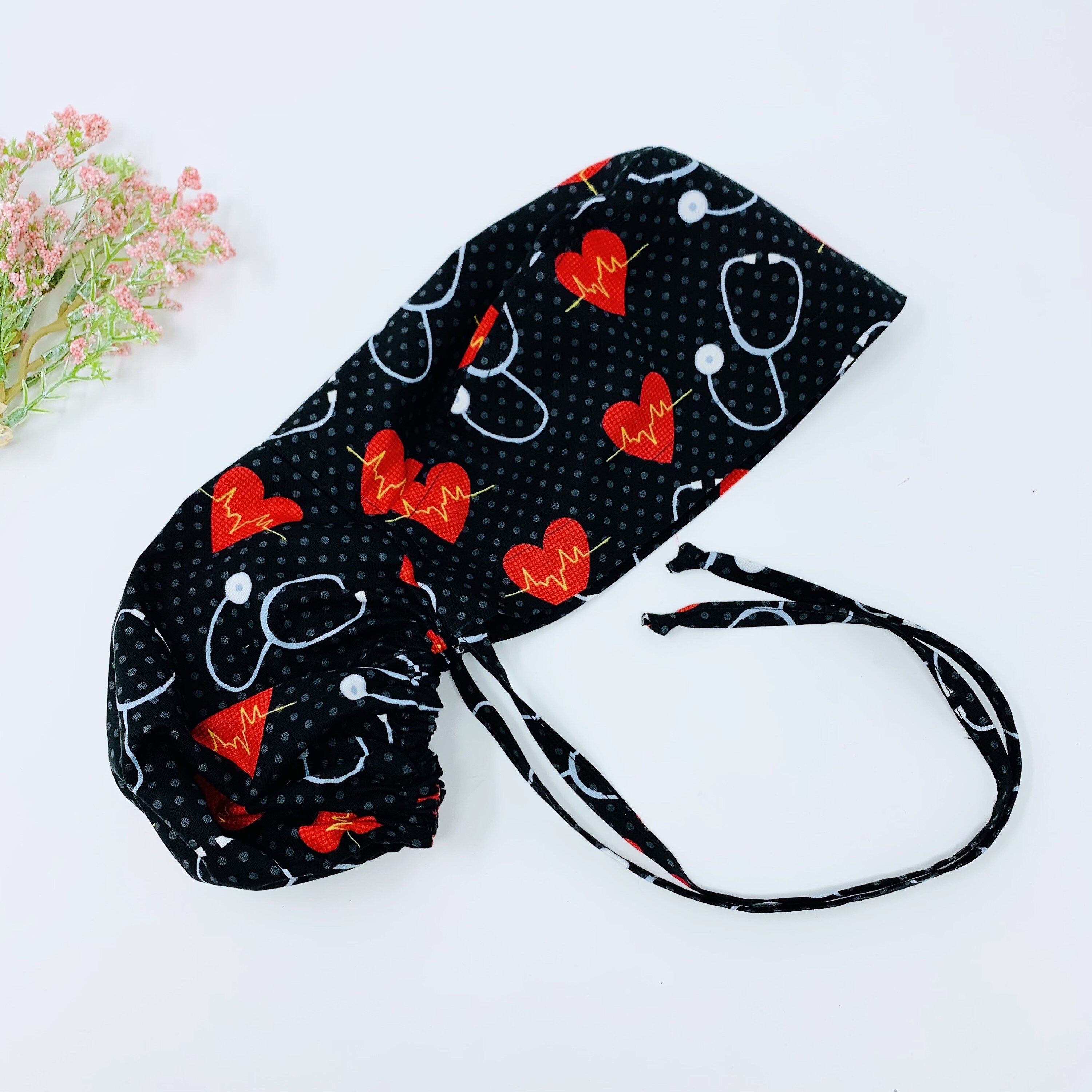 Stethoscope Ponytail scrub cap for women with satin lined option by Paradise Caps.