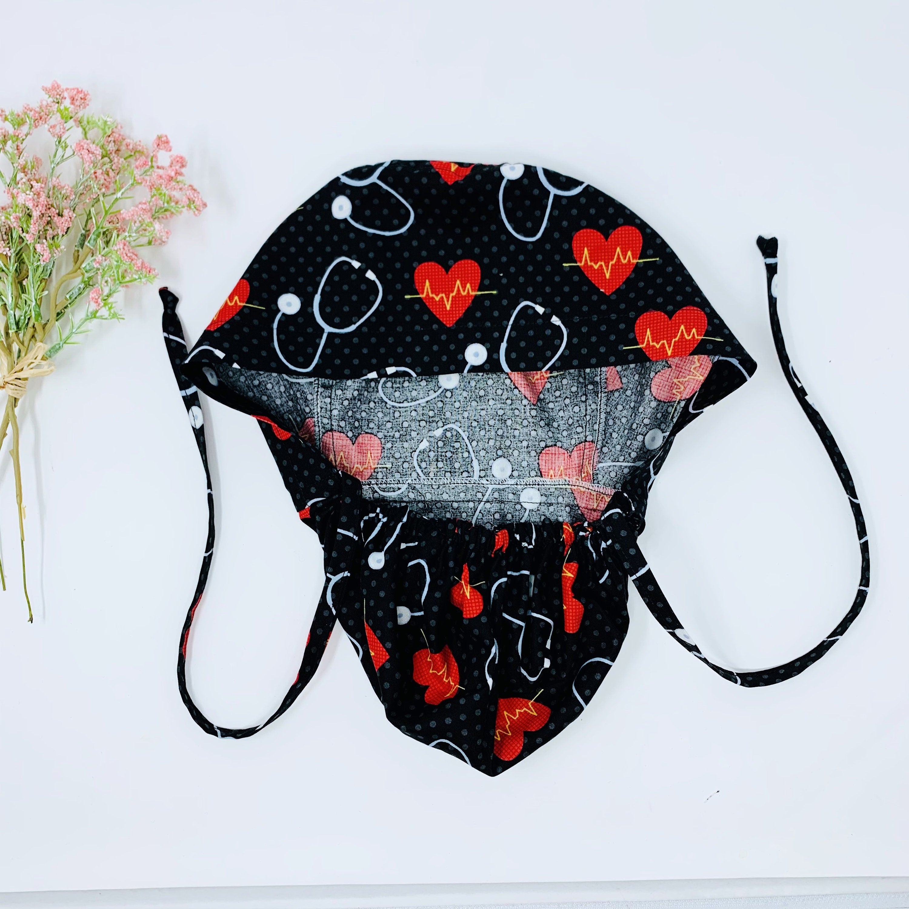 Stethoscope Ponytail scrub cap for women with satin lined option by Paradise Caps.
