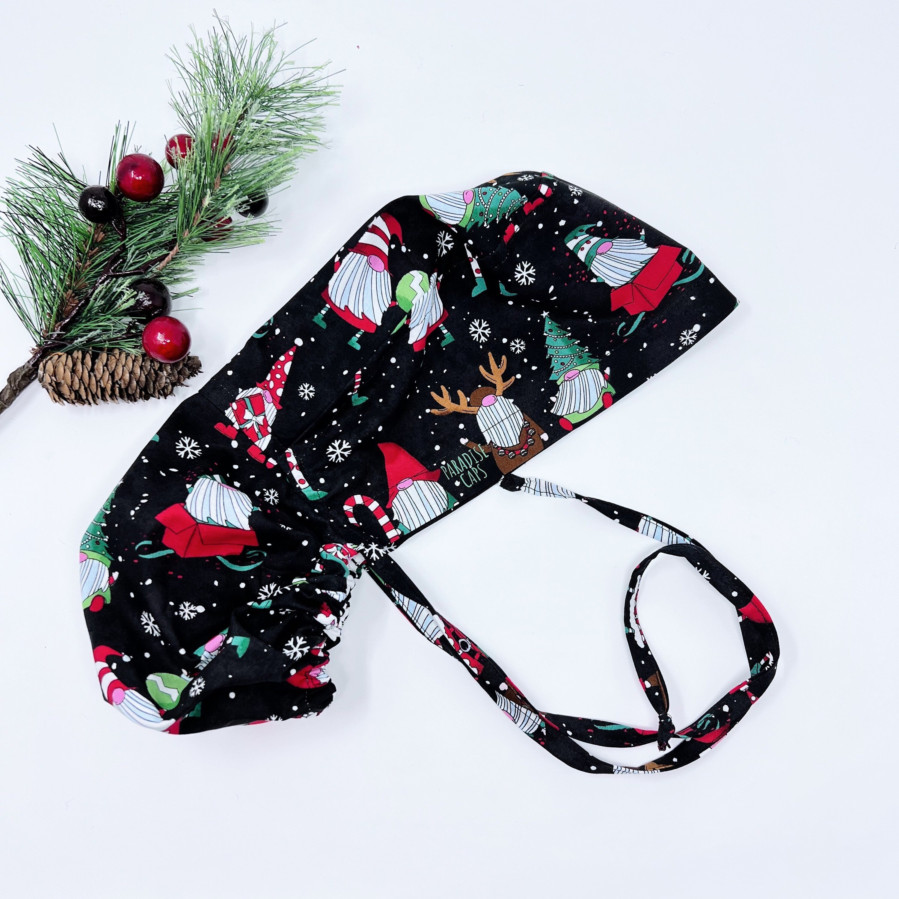 Christmas Ponytail scrub cap. Gnomes Surgical cap for women, Satin Lined ponytail hat by Paradise Caps. Black