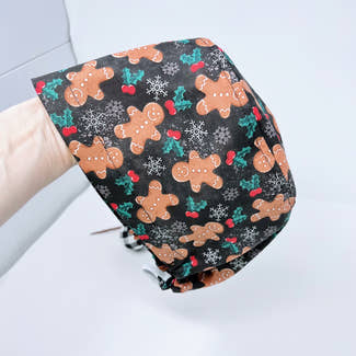 Gingerbread Cookies on Black Euro Scrub Cap for Women, Christmas Surgical cap with Satin Lined by Paradise Caps.