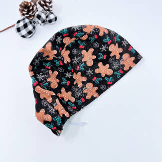 Gingerbread Cookies on Black Euro Scrub Cap for Women, Christmas Surgical cap with Satin Lined by Paradise Caps.