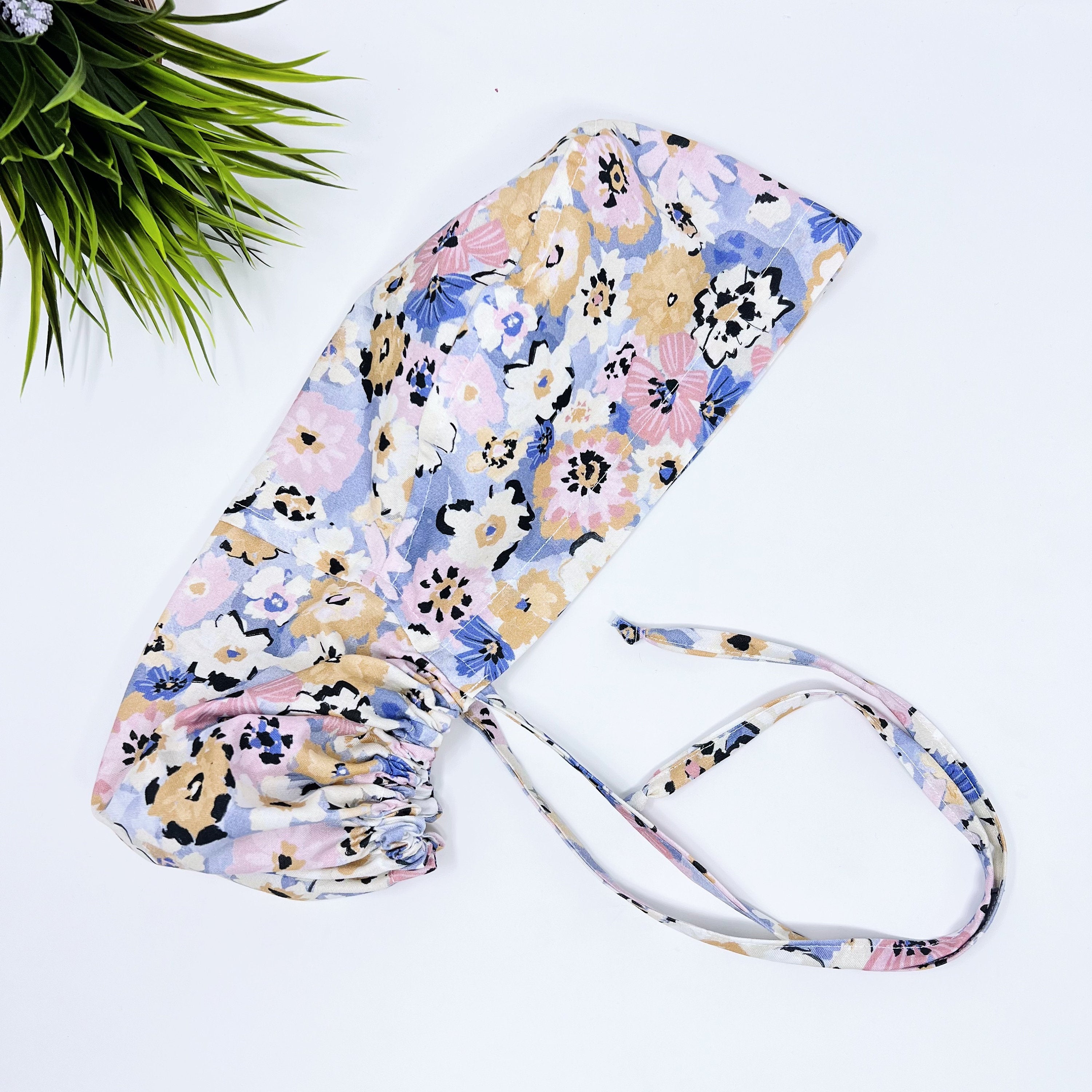 Multi Fleurs Ponytail scrub cap for women with satin lined option by Paradise Caps.