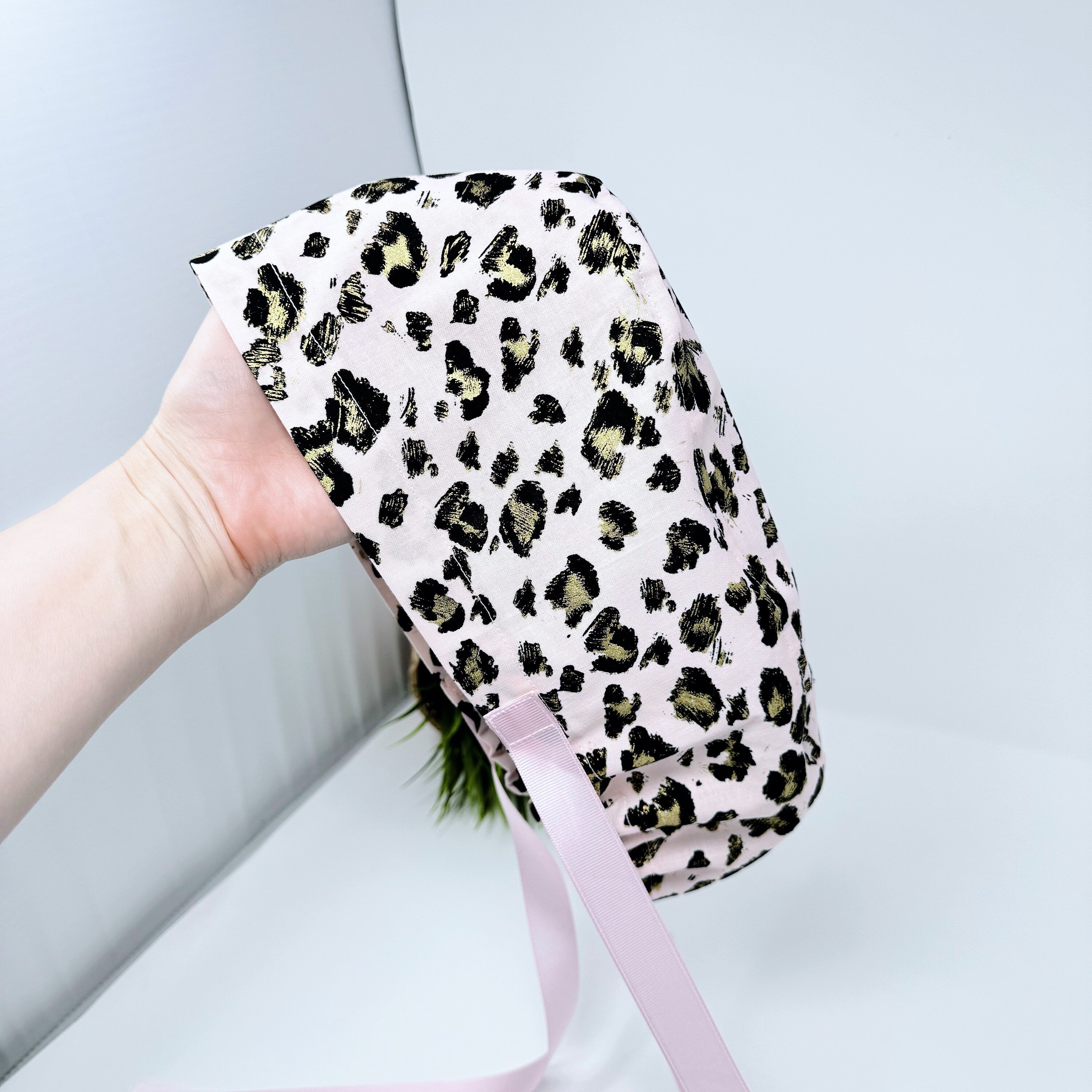 Pink leopard Euro scrub cap with ties for Women by Paradise Caps. Euro PLUS style.