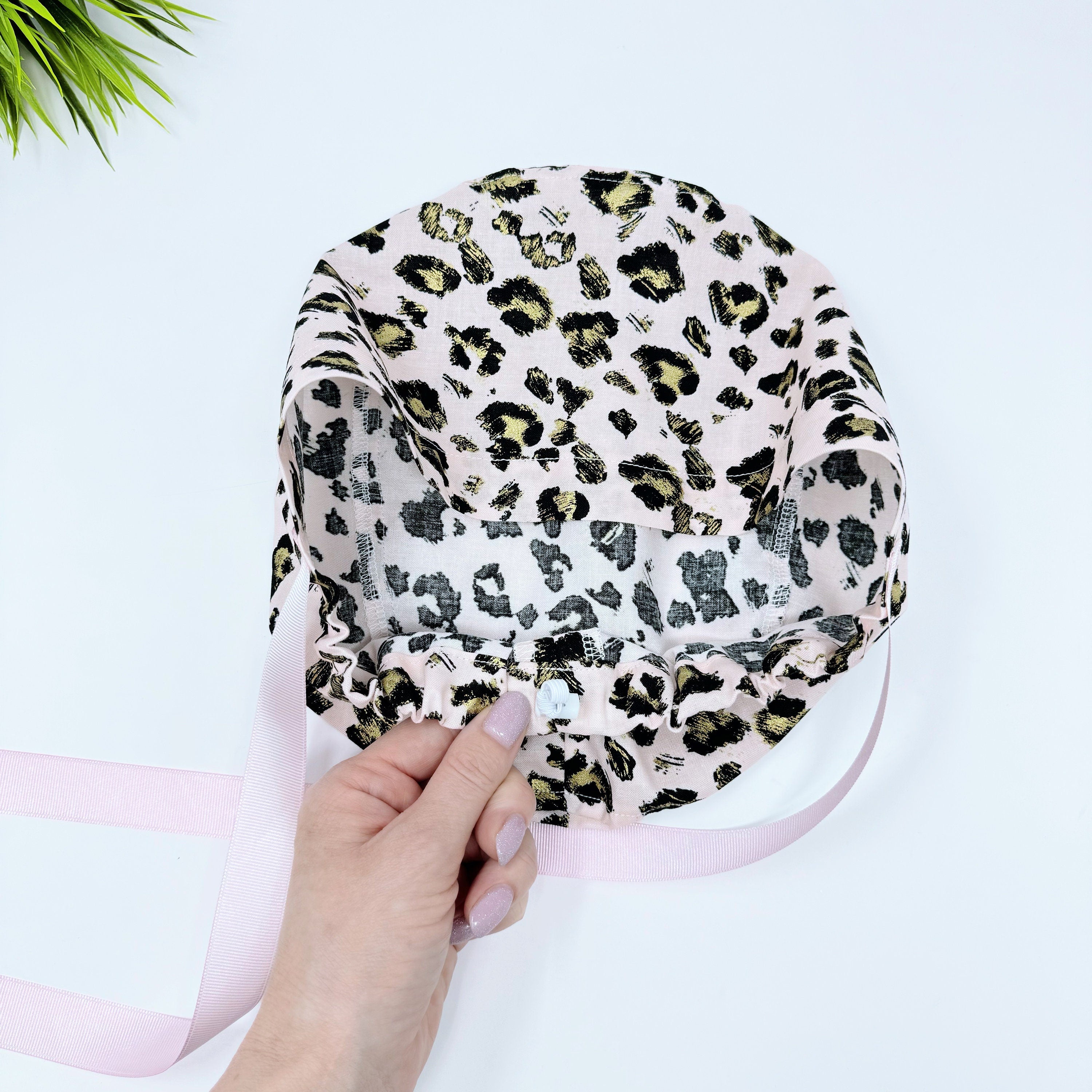 Pink leopard Euro scrub cap with ties for Women by Paradise Caps. Euro PLUS style.