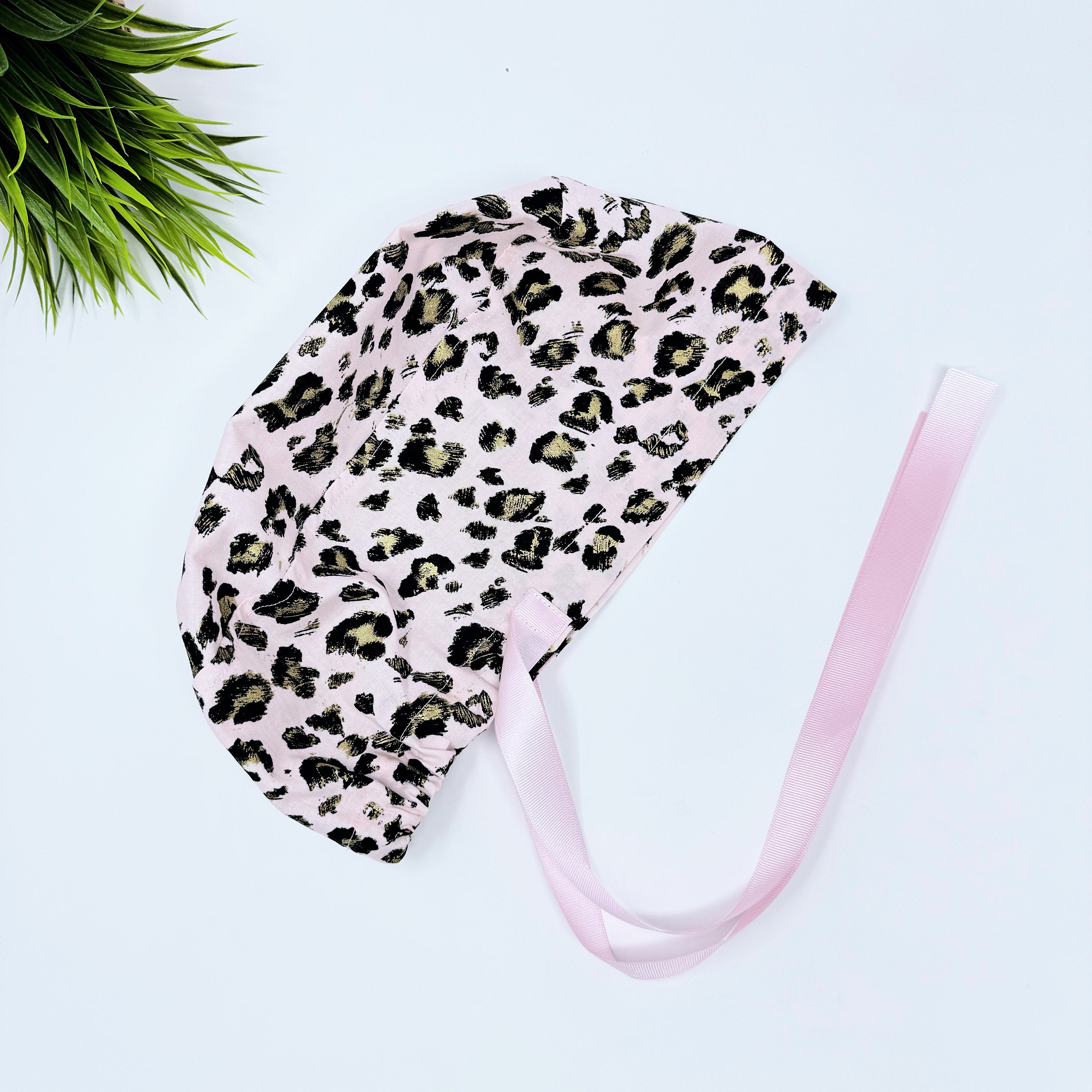 Pink leopard Euro scrub cap with ties for Women by Paradise Caps. Euro PLUS style.