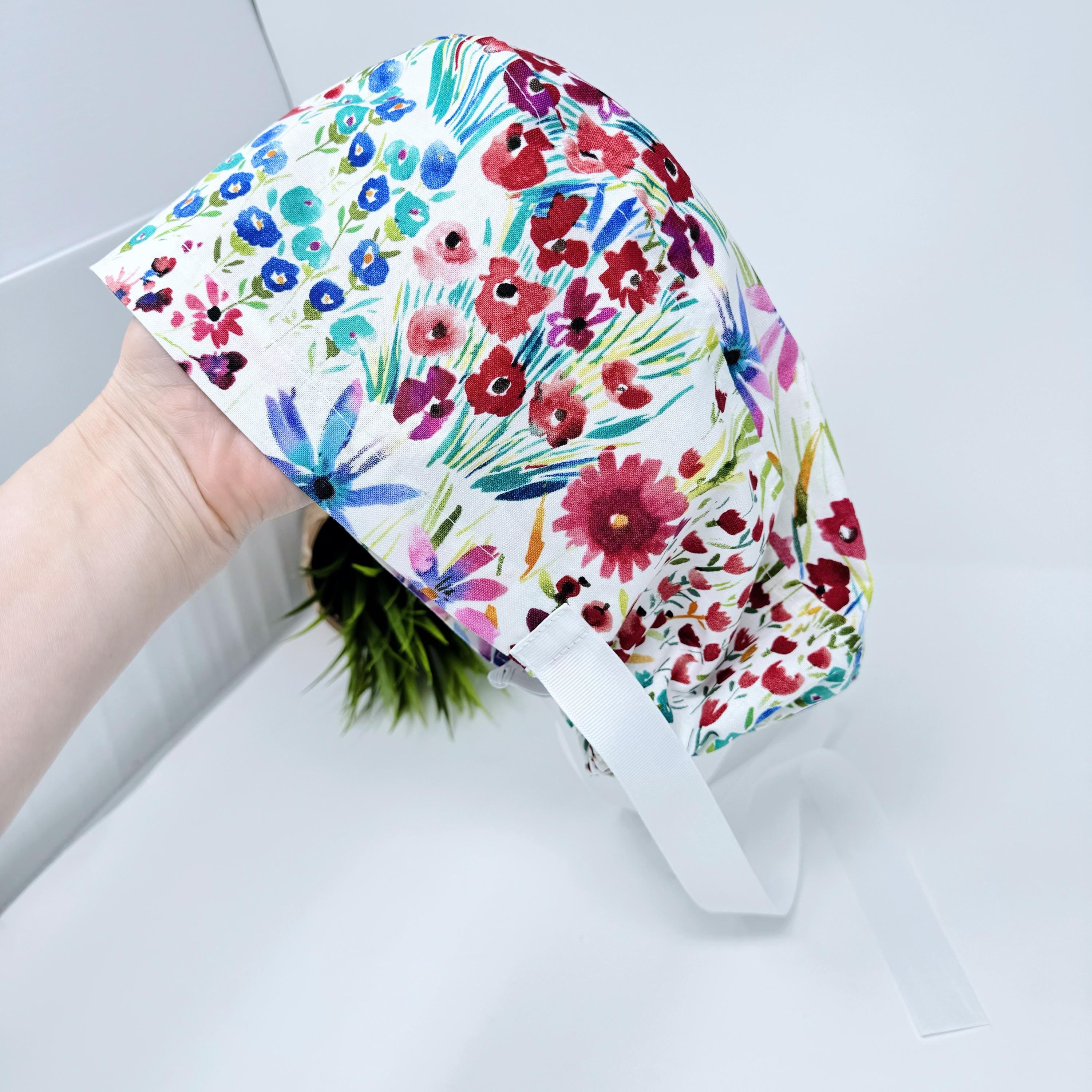 Red flower Euro scrub cap with ties for Women by Paradise Caps. Euro PLUS style.