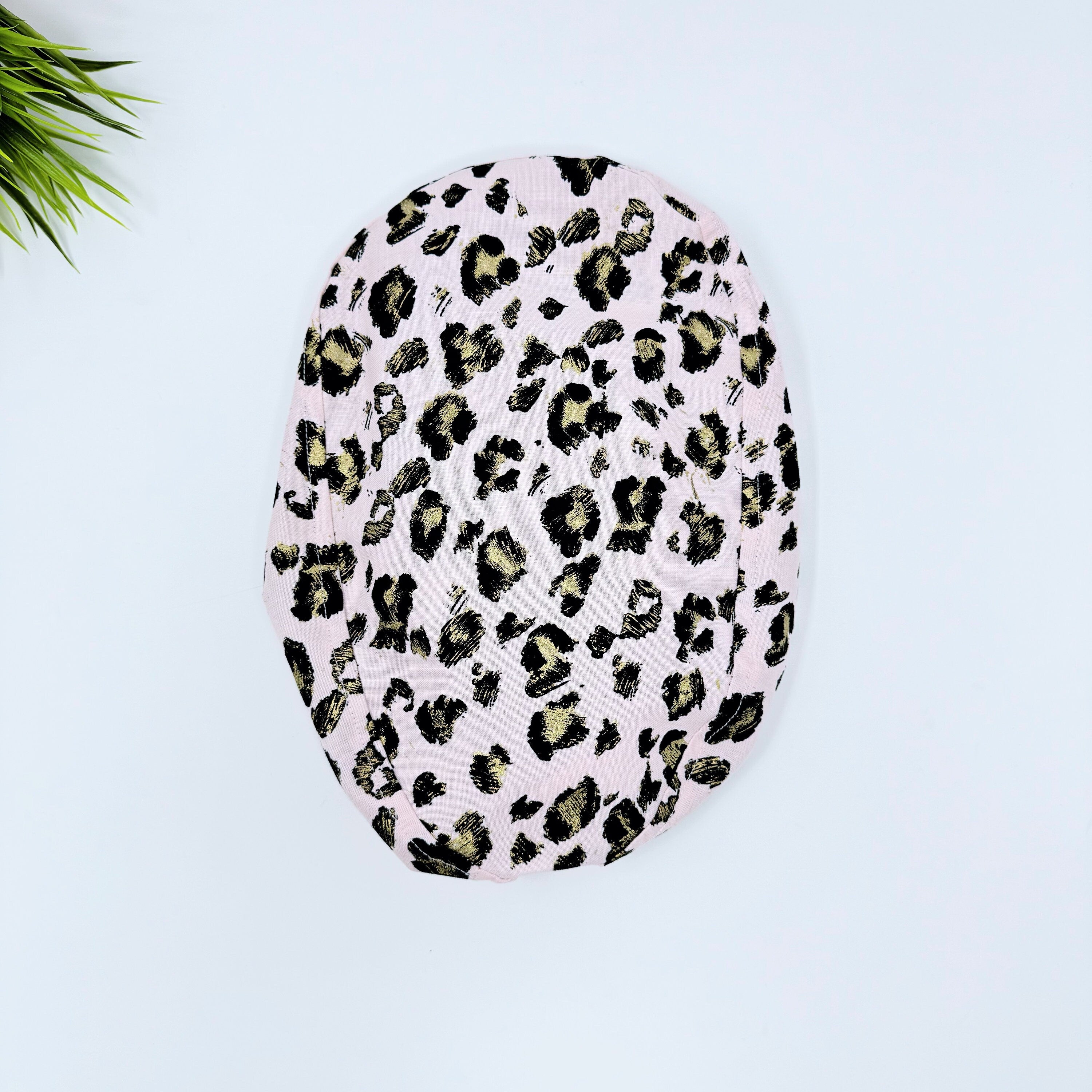 Pink leopard Euro scrub cap with ties for Women by Paradise Caps. Euro PLUS style.