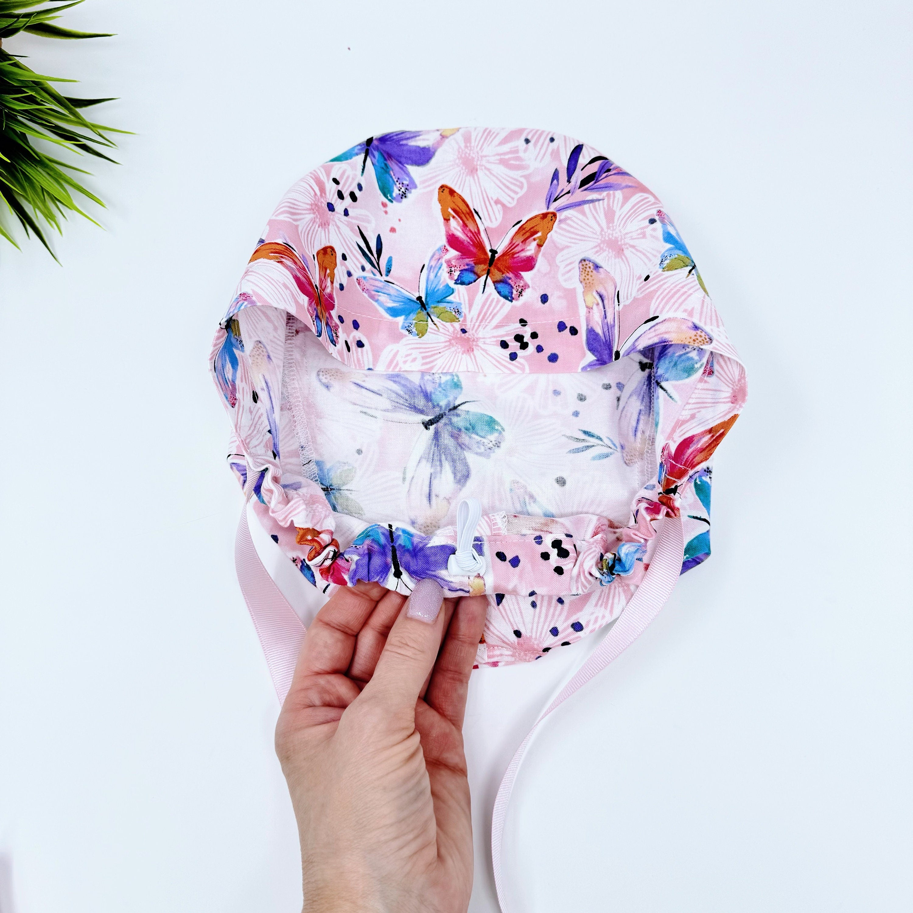 Butterfly on pink Euro scrub cap with ties for Women by Paradise Caps. Euro PLUS style.