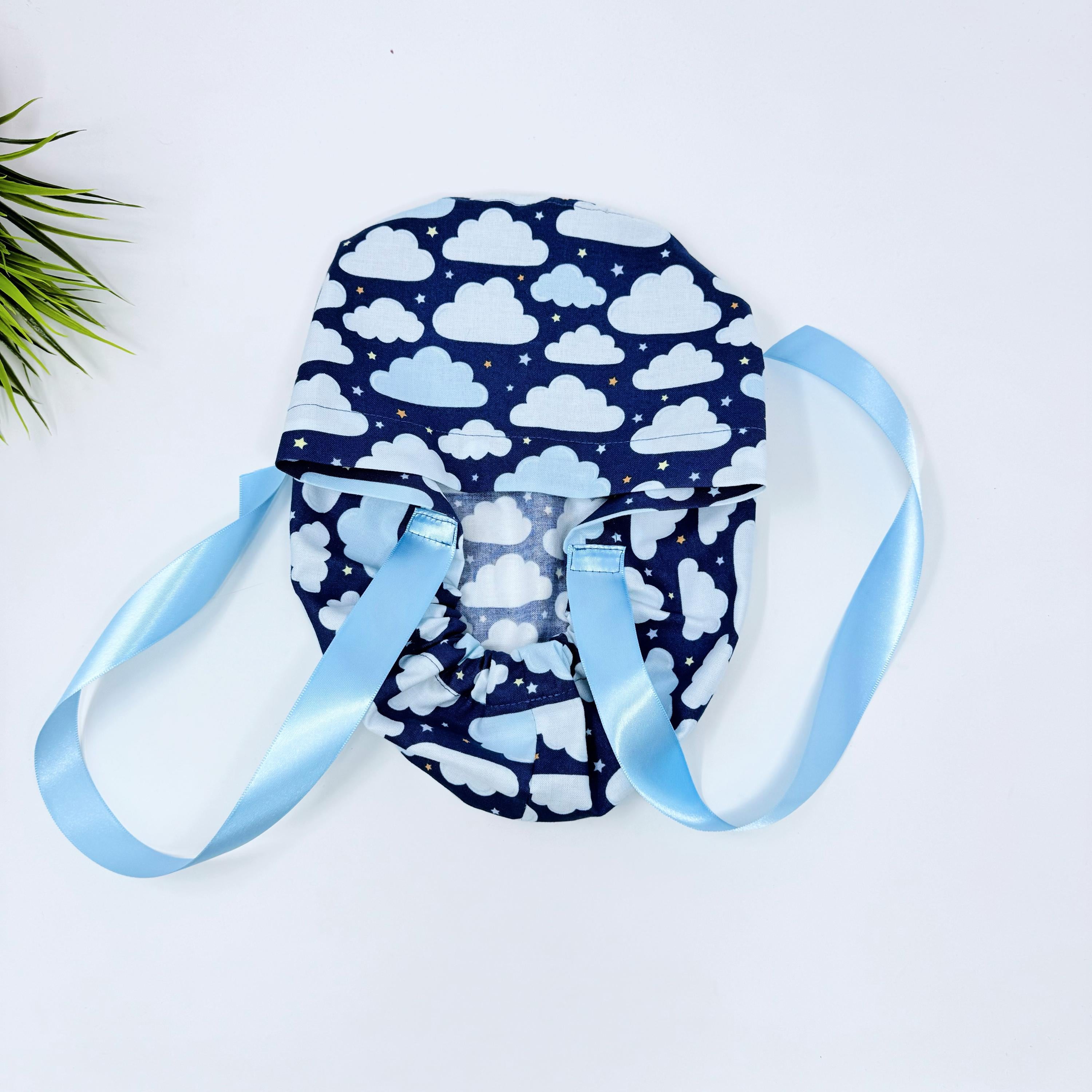 Clouds Euro scrub cap with ties for Women by Paradise Caps. Euro PLUS style.