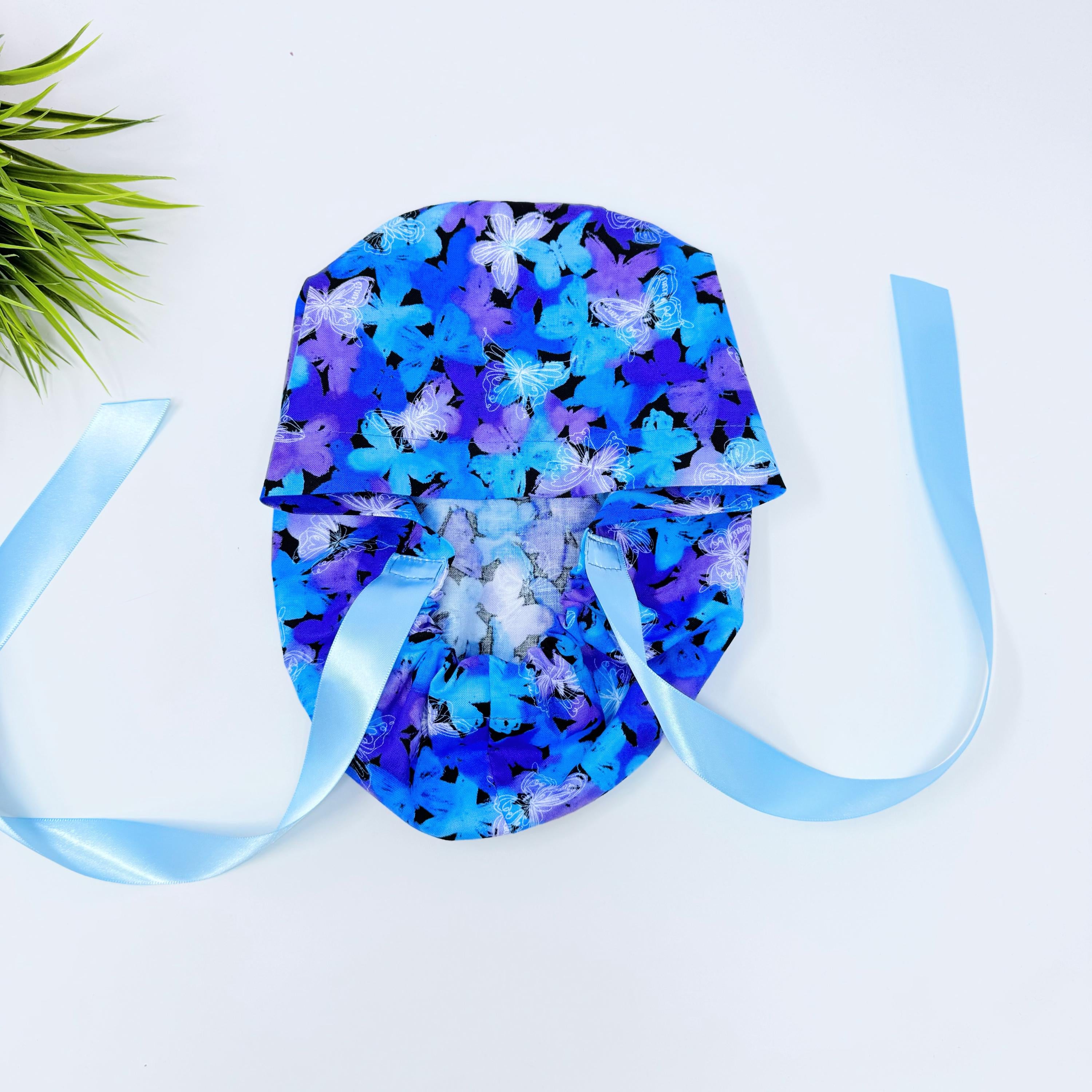 Blue Butterflies Euro PLUS style by ParadiseCaps. Scrub Cap for Women, European Surgical cap with Satin Lined Option.
