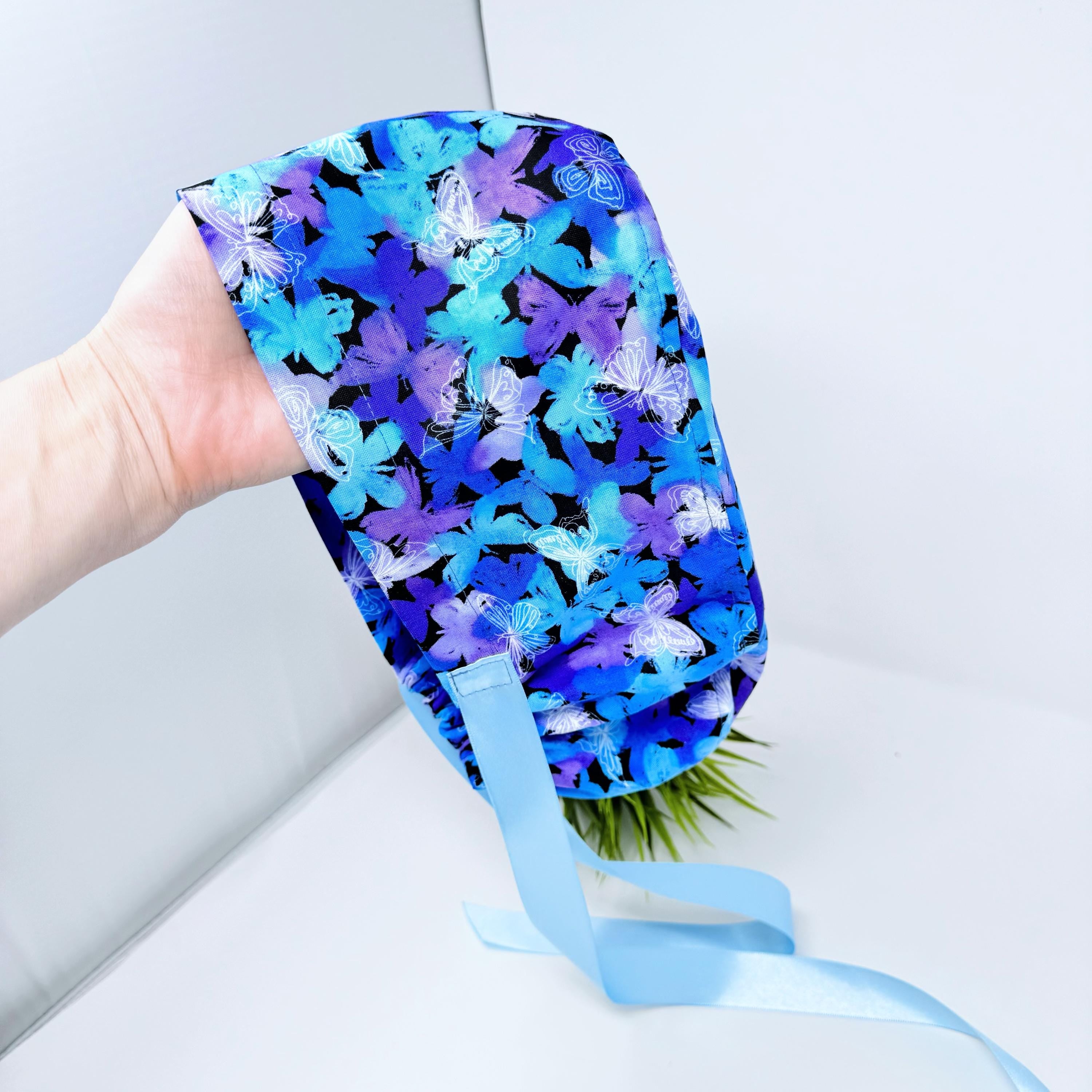 Blue Butterflies Euro PLUS style by ParadiseCaps. Scrub Cap for Women, European Surgical cap with Satin Lined Option.