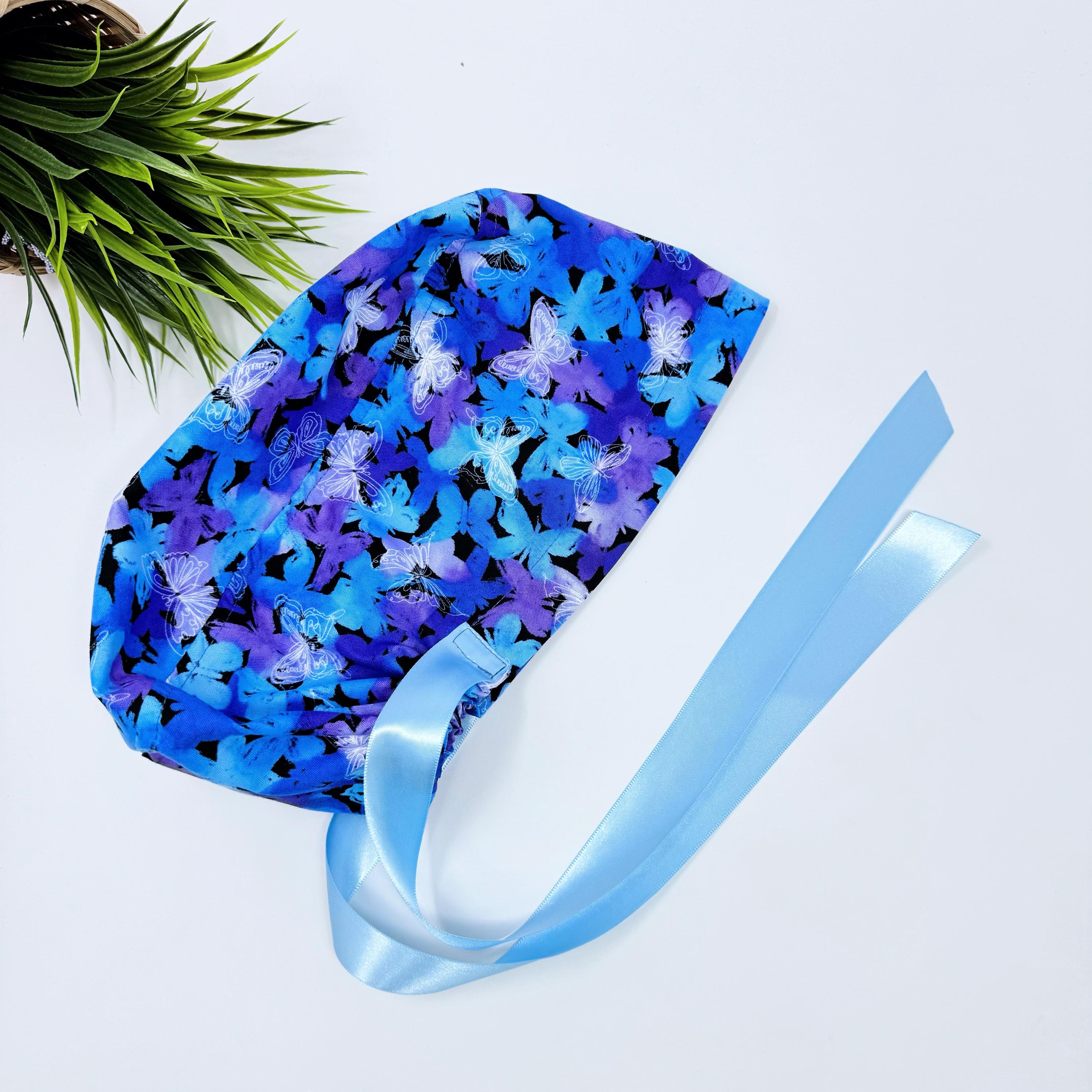 Blue Butterflies Euro PLUS style by ParadiseCaps. Scrub Cap for Women, European Surgical cap with Satin Lined Option.