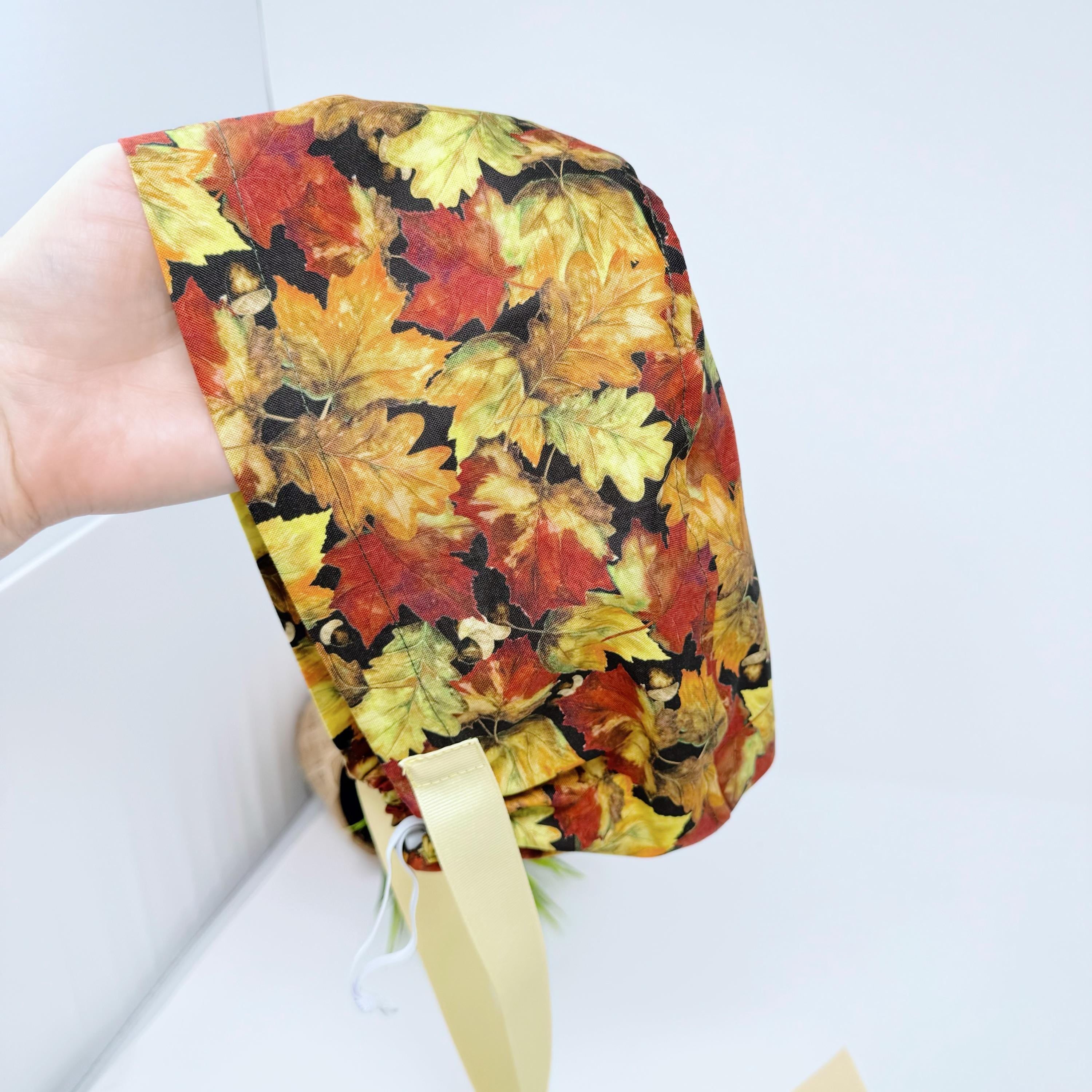 Fall leaves Euro scrub cap with ties for Women by Paradise Caps. Euro PLUS style.